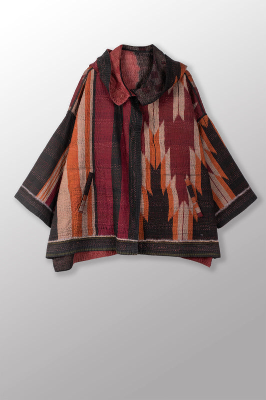 WOVEN HANDLOOM IKAT WITH OMBRE KANTHA HOODIE PONCHO - wh4064-red -