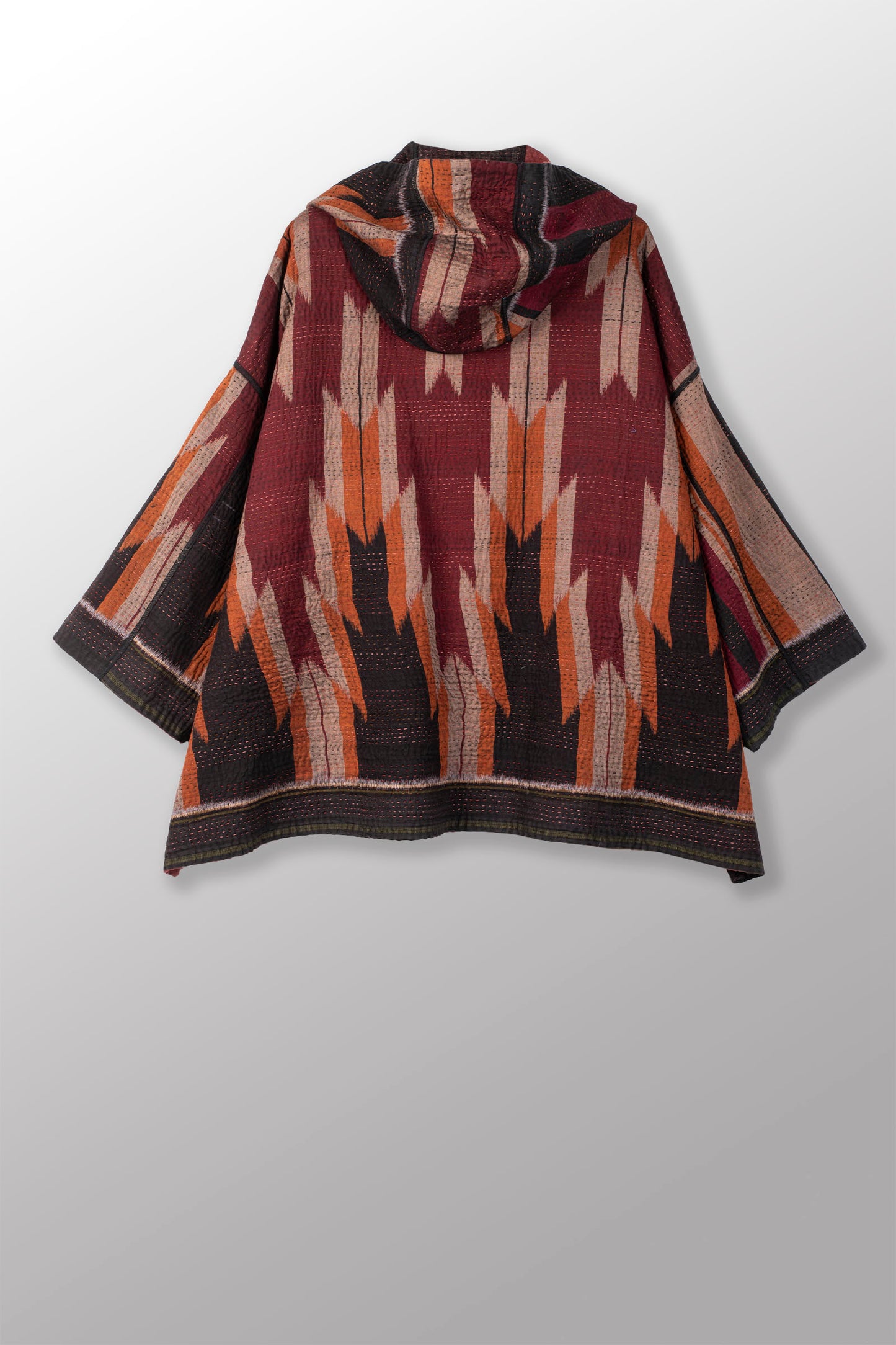 WOVEN HANDLOOM IKAT WITH OMBRE KANTHA HOODIE PONCHO - wh4064-red -