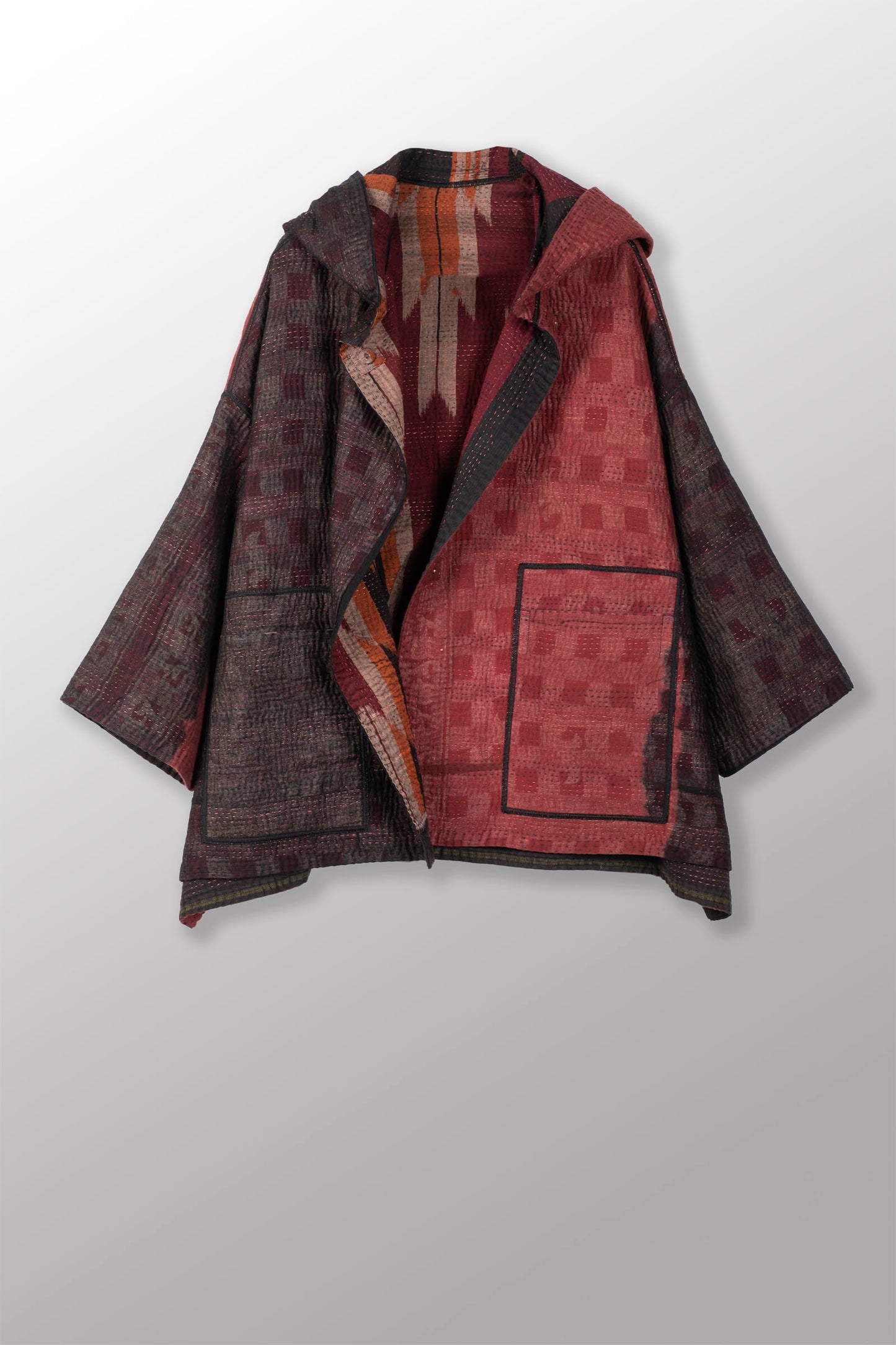 WOVEN HANDLOOM IKAT WITH OMBRE KANTHA HOODIE PONCHO - wh4064-red -