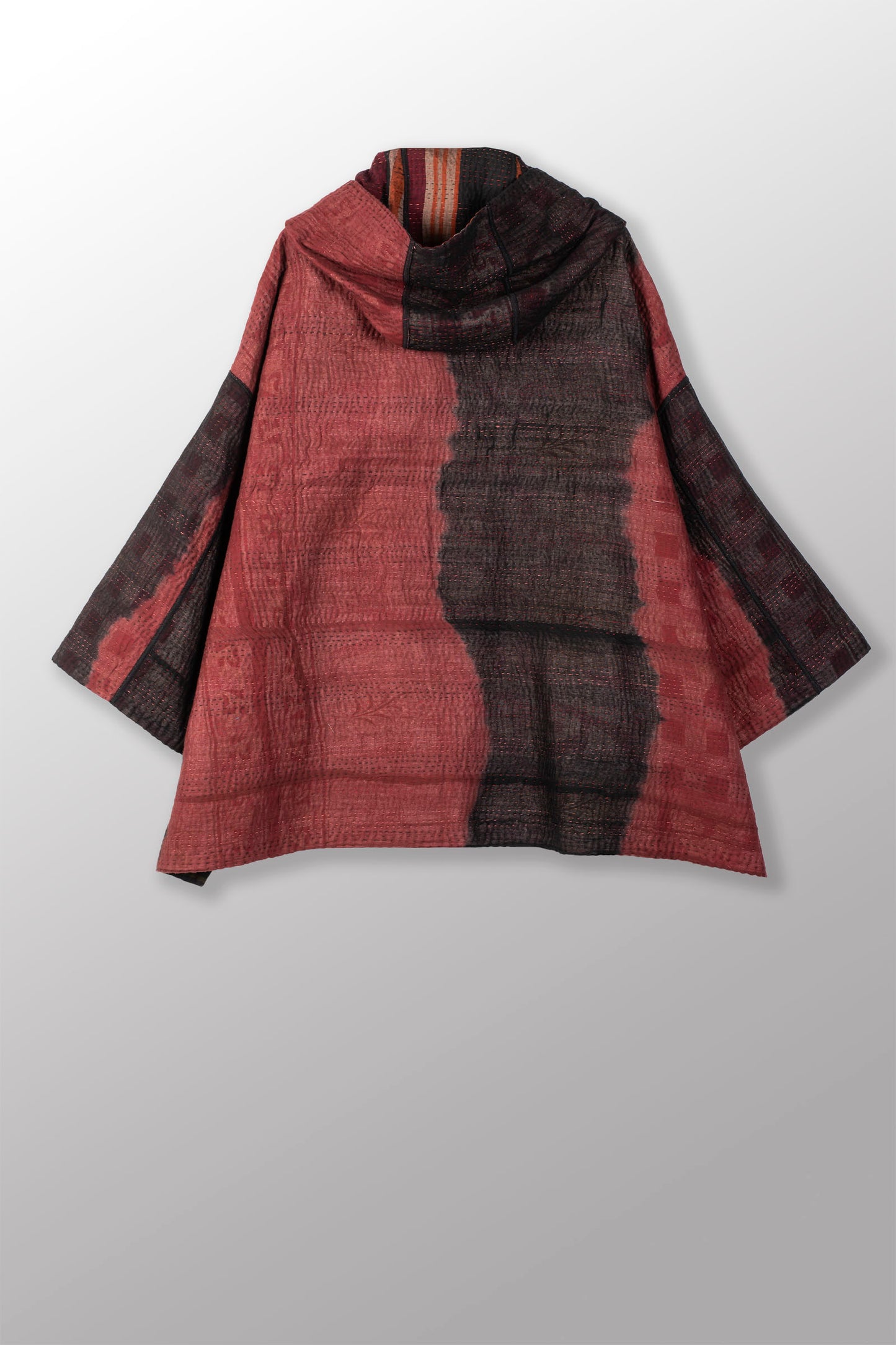 WOVEN HANDLOOM IKAT WITH OMBRE KANTHA HOODIE PONCHO - wh4064-red -