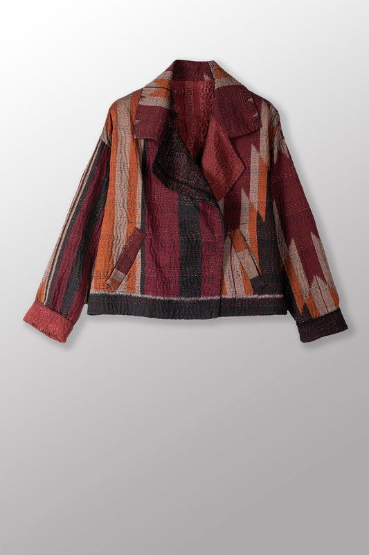 WOVEN HANDLOOM IKAT WITH OMBRE KANTHA LAPELED SHORT JKT - wh4081-red -