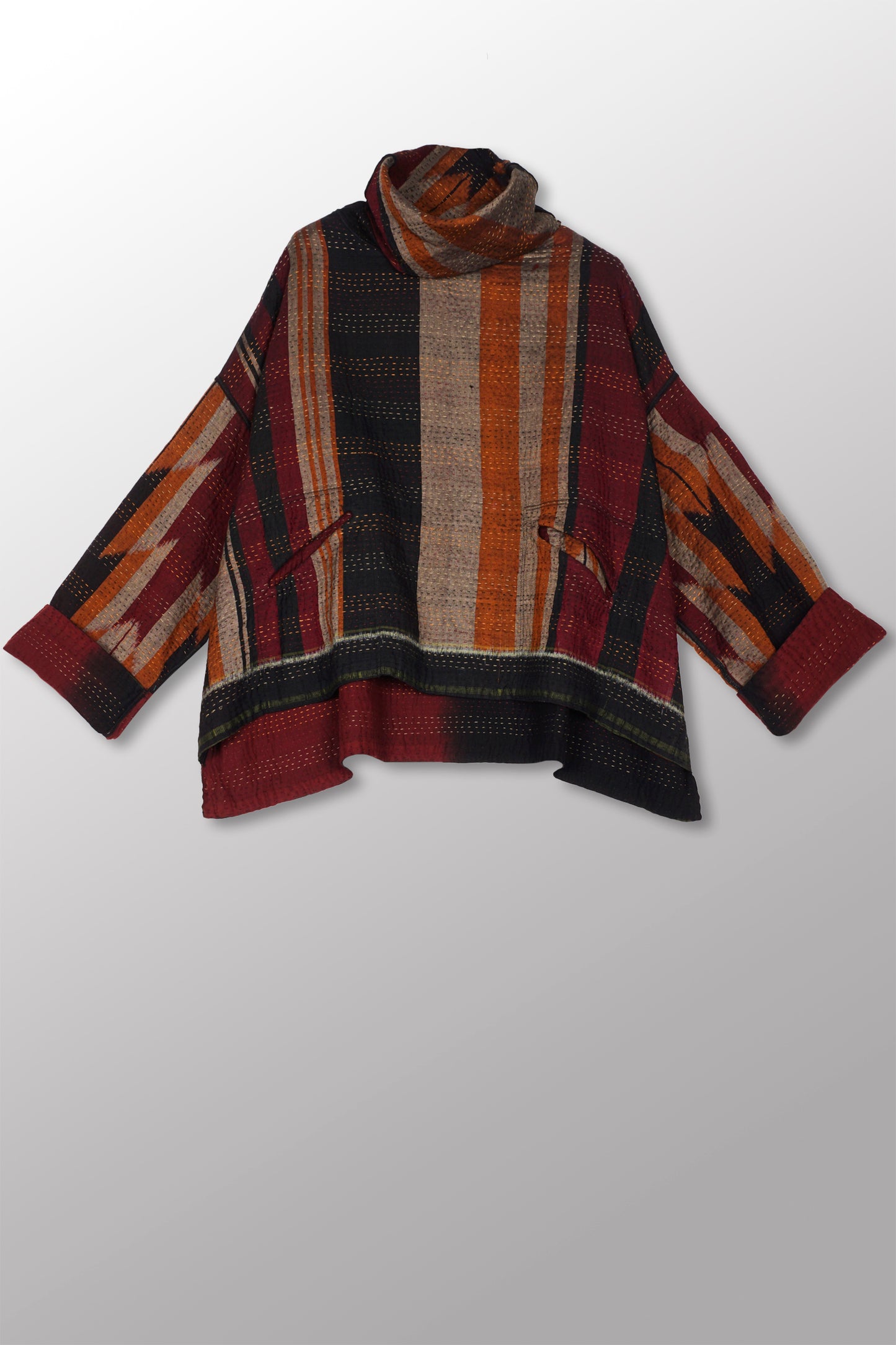 WOVEN HANDLOOM IKAT WITH OMBRE KANTHA NEW COWL NECK PONCHO - wh4083-red -