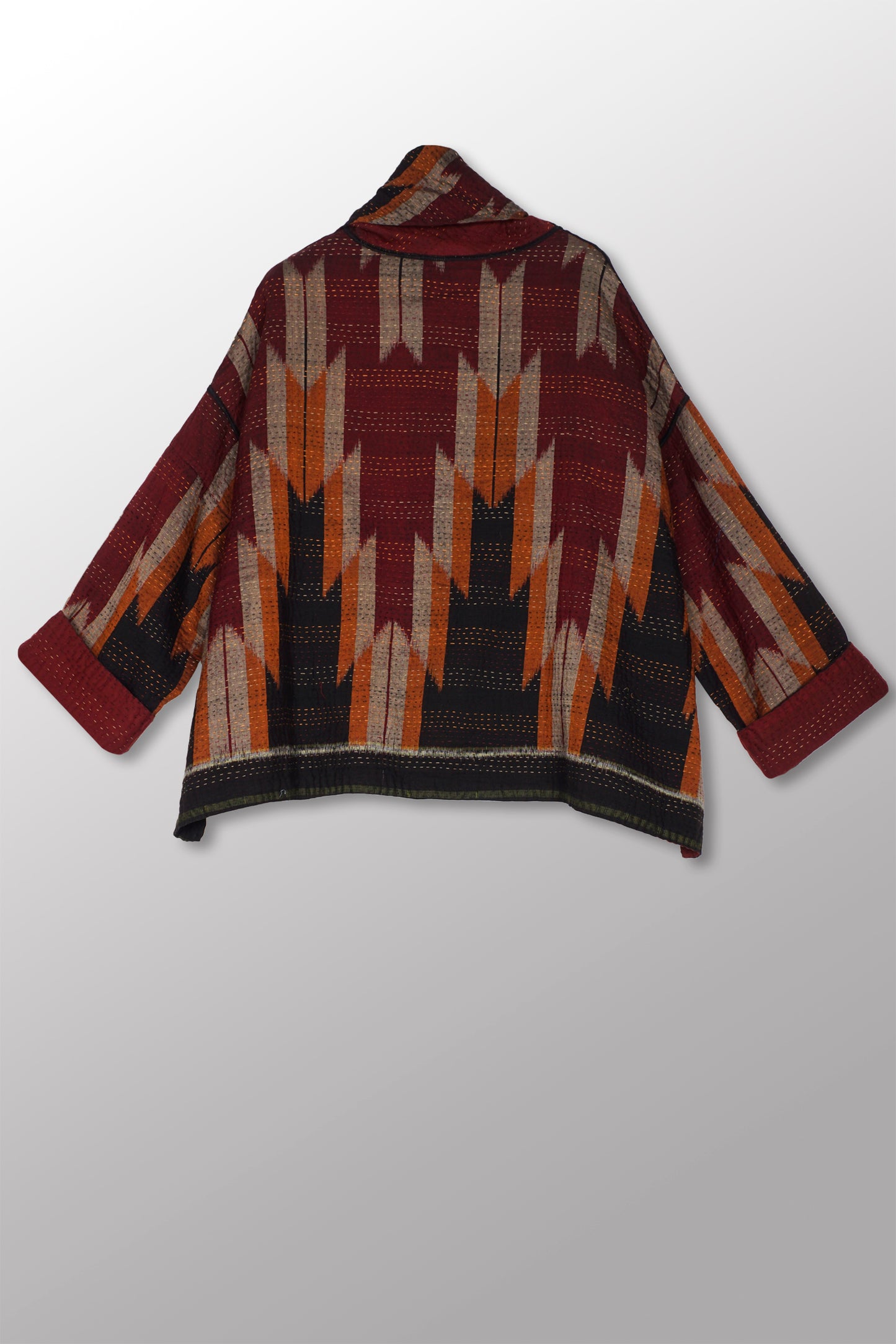 WOVEN HANDLOOM IKAT WITH OMBRE KANTHA NEW COWL NECK PONCHO - wh4083-red -