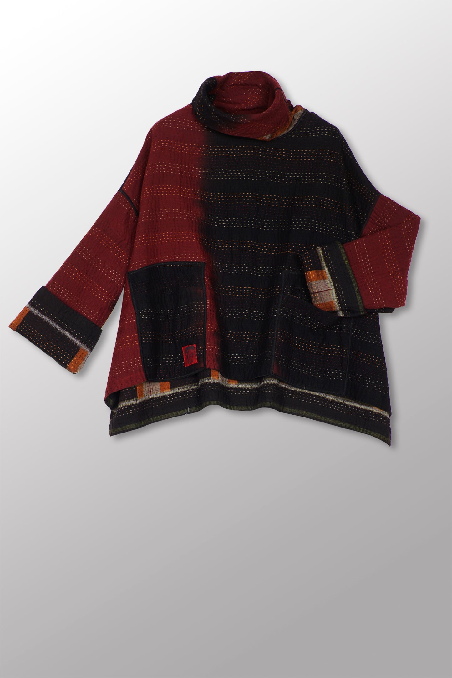 WOVEN HANDLOOM IKAT WITH OMBRE KANTHA NEW COWL NECK PONCHO - wh4083-red -