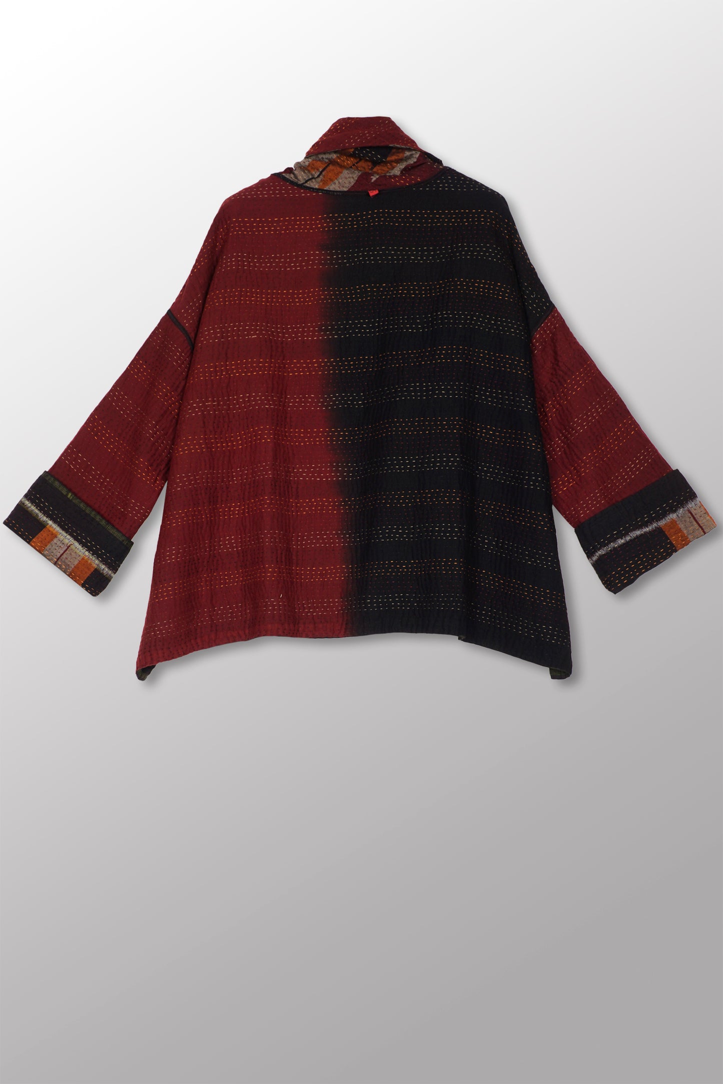 WOVEN HANDLOOM IKAT WITH OMBRE KANTHA NEW COWL NECK PONCHO - wh4083-red -