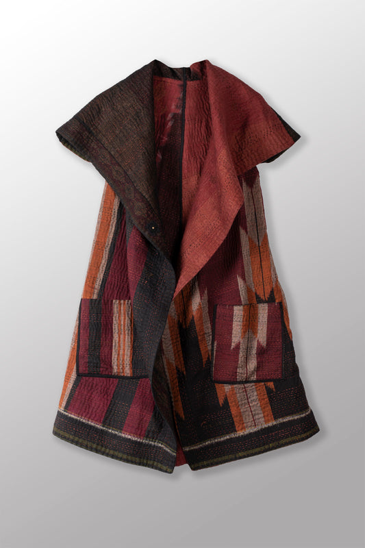 WOVEN HANDLOOM IKAT WITH OMBRE KANTHA CIRCULAR VEST - wh4201-red -