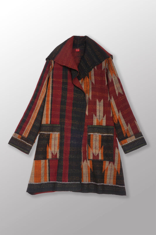 WOVEN HANDLOOM IKAT WITH OMBRE KANTHA POCKET MEDIUM COAT - wh4316-red -