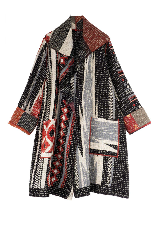 WAFFLE IKAT KANTHA POCKET MEDIUM COAT - wi3316-red -