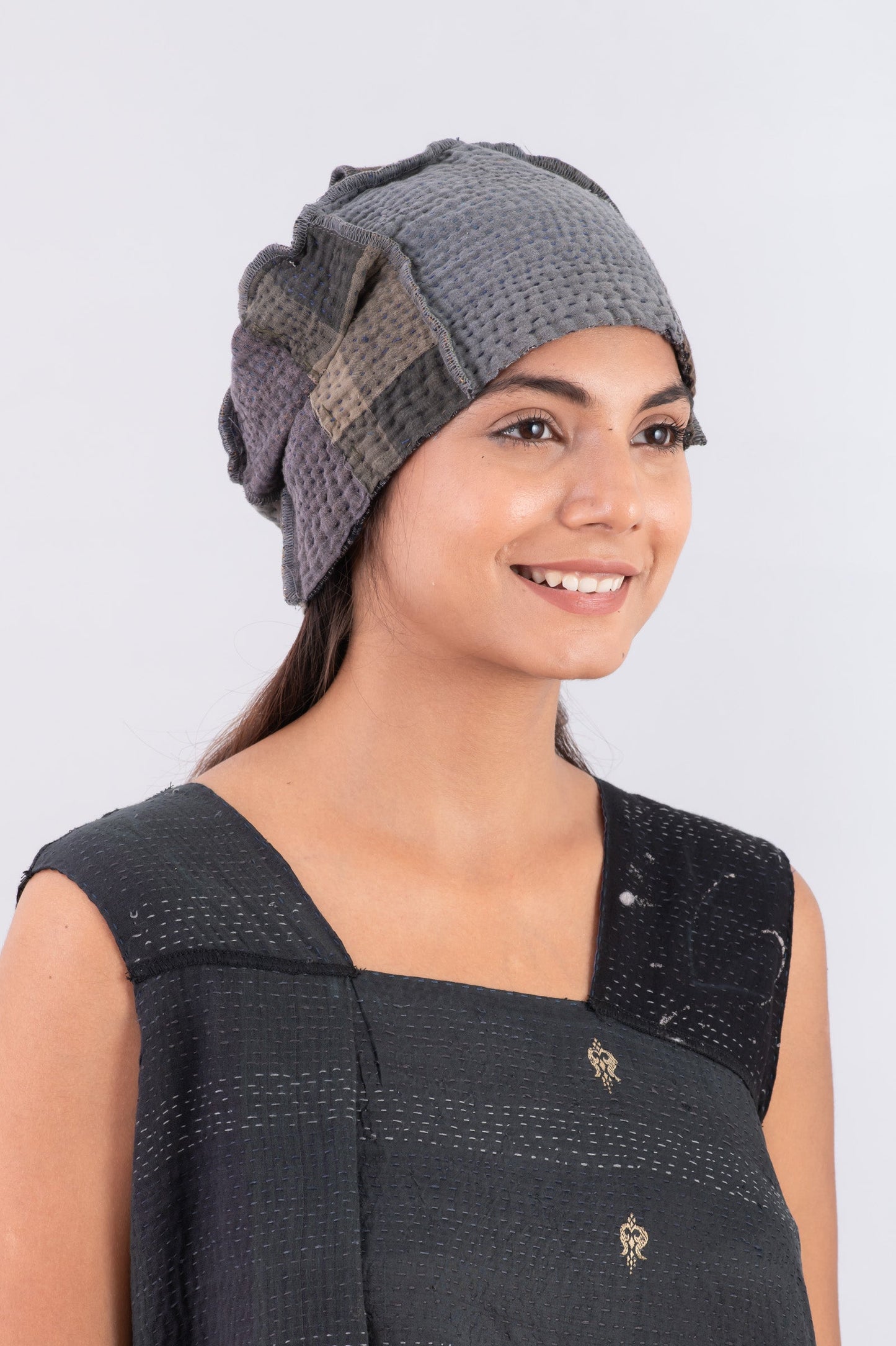 WOVEN IKAT & FRAYED PATCH KANTHA PATCHWORK HAT - wk4880-gry -