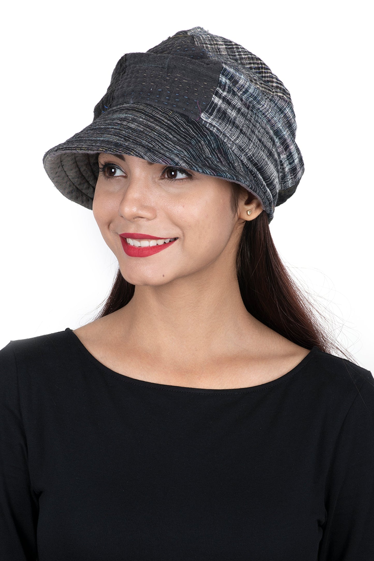 WOVEN IKAT & FRAYED PATCH KANTHA HALF BRIM HAT - wk4881-gry -