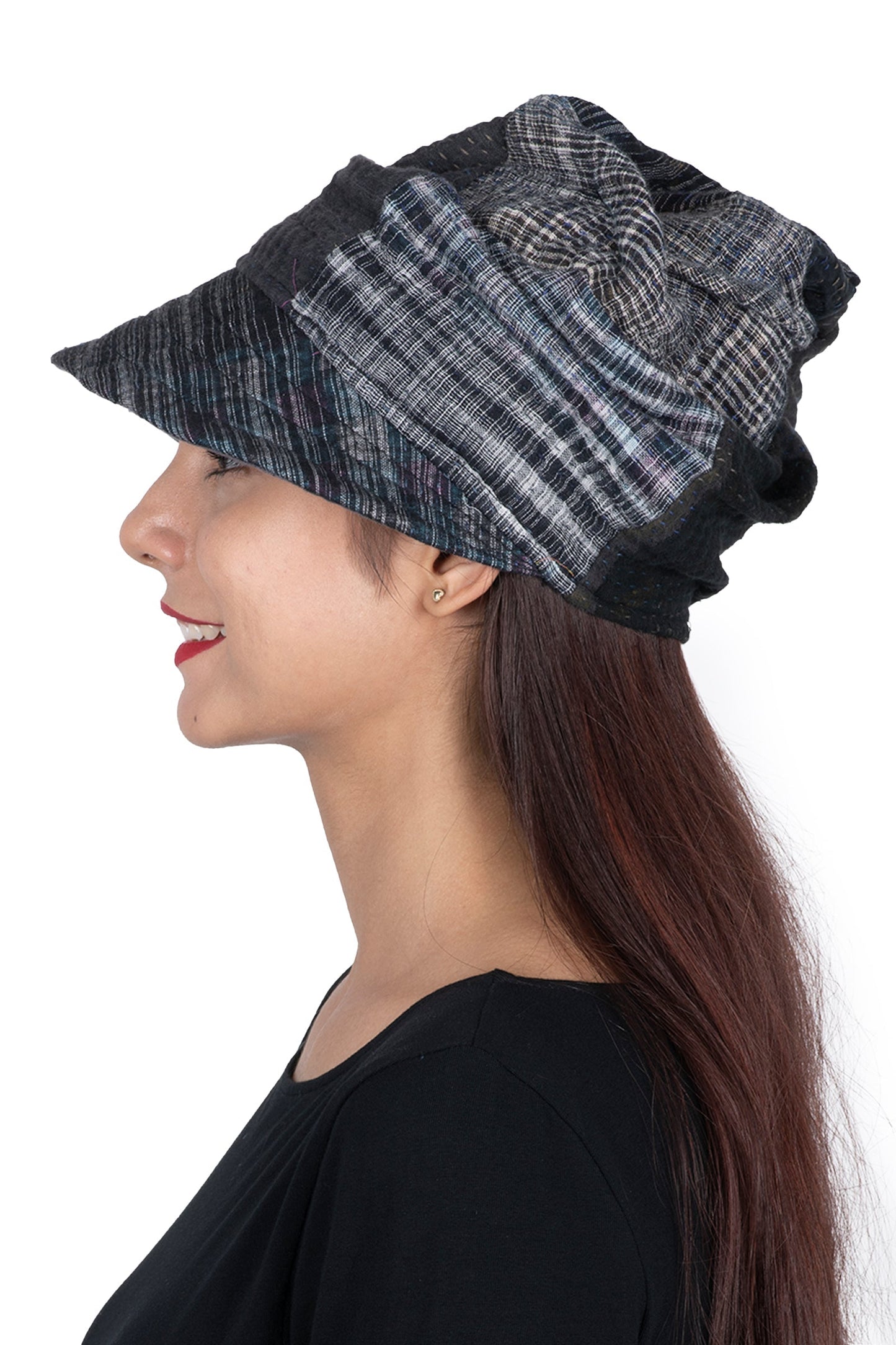 WOVEN IKAT & FRAYED PATCH KANTHA HALF BRIM HAT - wk4881-gry -