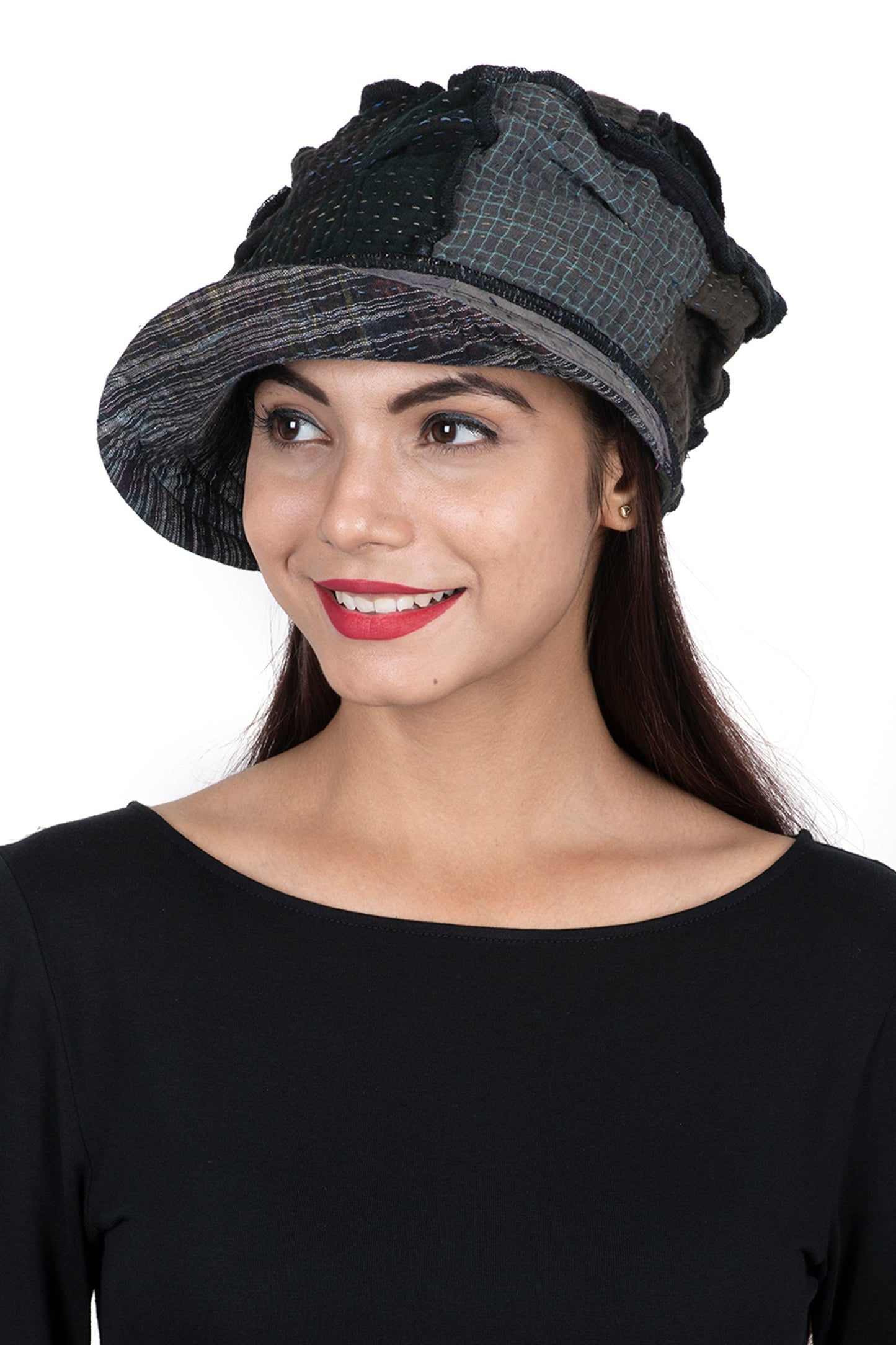 WOVEN IKAT & FRAYED PATCH KANTHA HALF BRIM HAT - wk4881-gry -