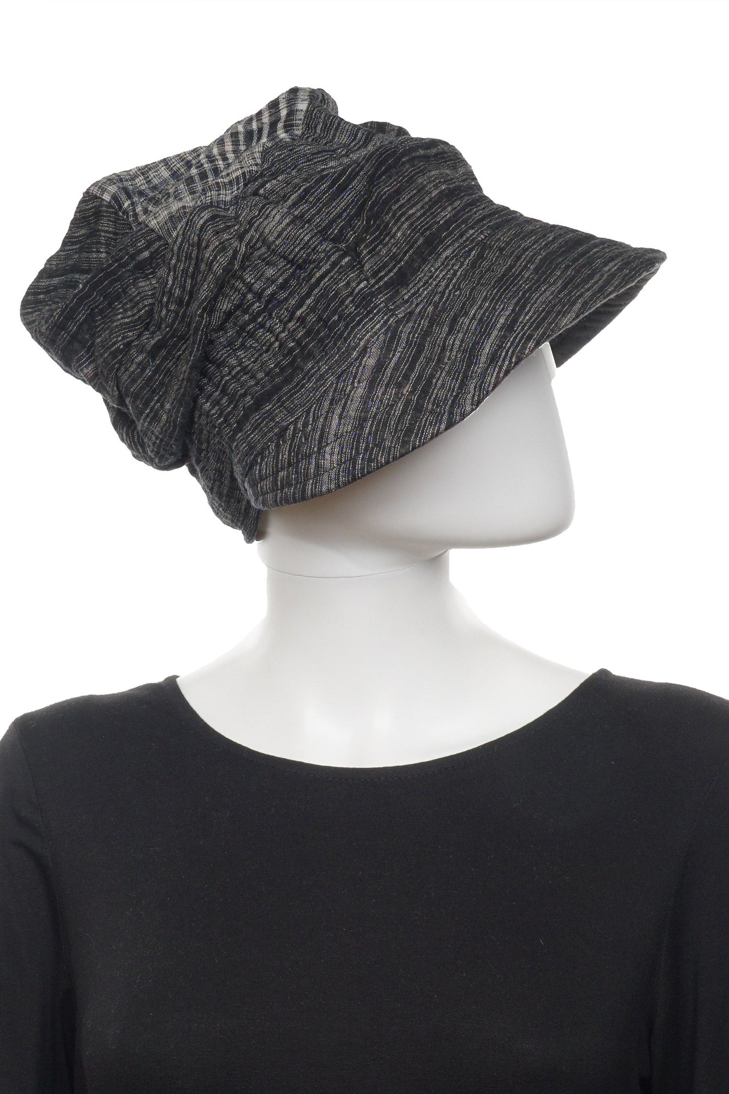 WOVEN IKAT & FRAYED PATCH KANTHA HALF BRIM HAT - wk4881-gry -