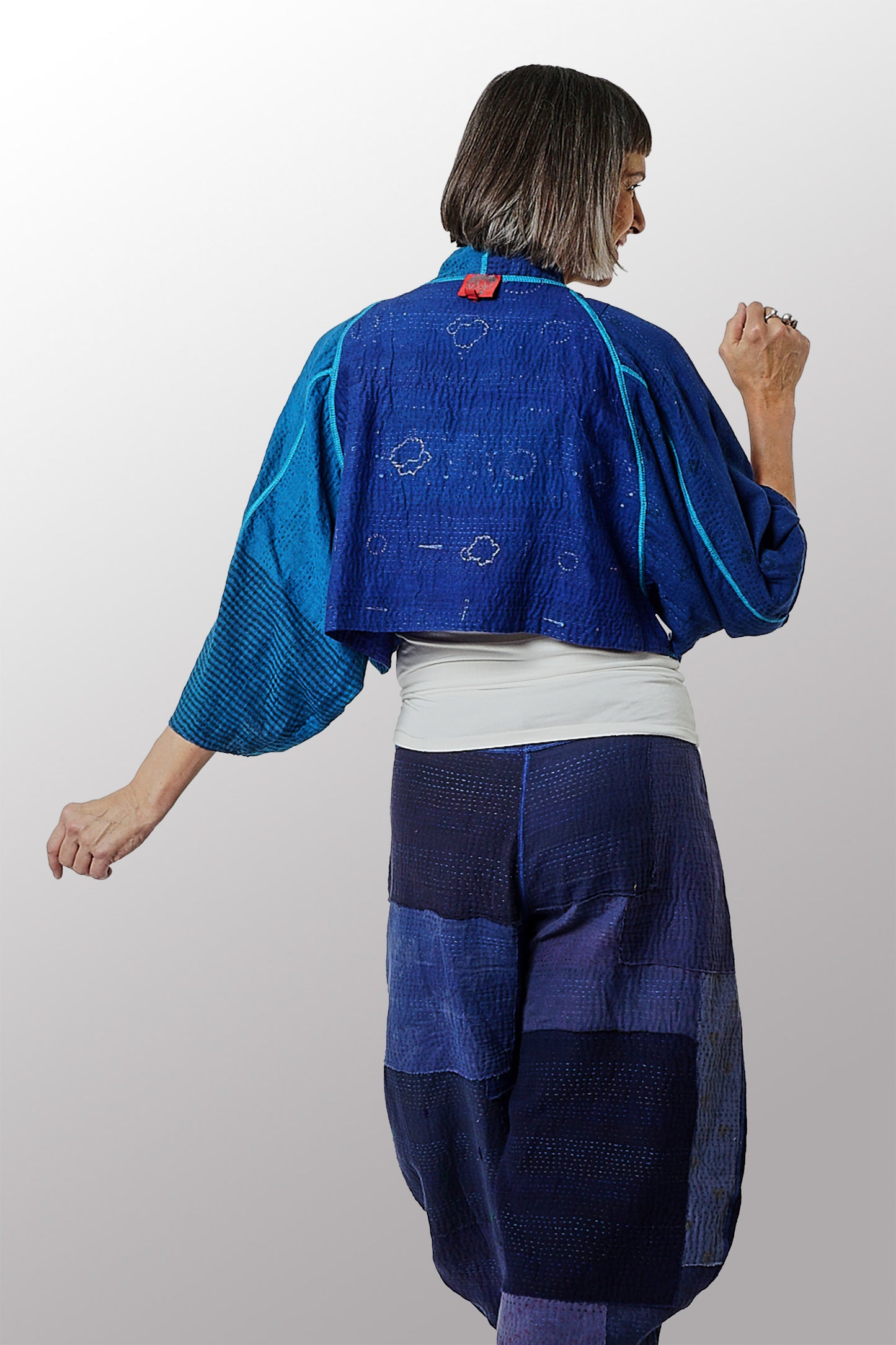 COTTON SILK SW PATCH OMBRE KANTHA PUFF SLV. SHRUG - wo2062-blu -