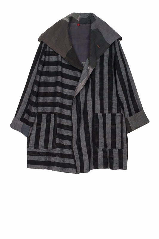 WOVEN STRIPE FRAYED PATCH BACK KANTHA POCKET JKT - wp2002-gry -