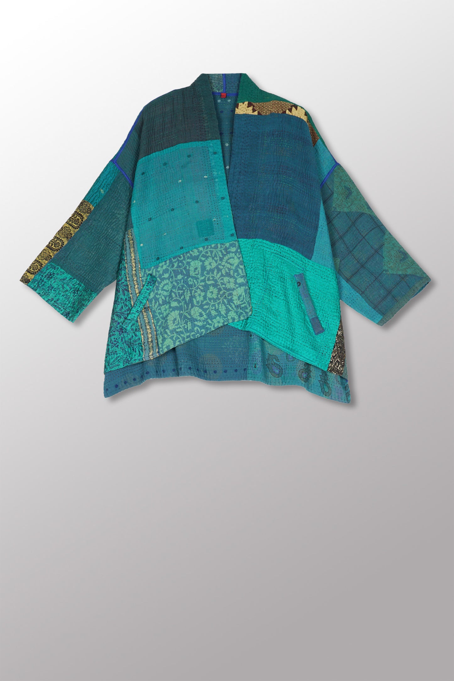 COTTON SILK SW PATCH KANTHA MINI KIMONO JKT - ws4055-tel -