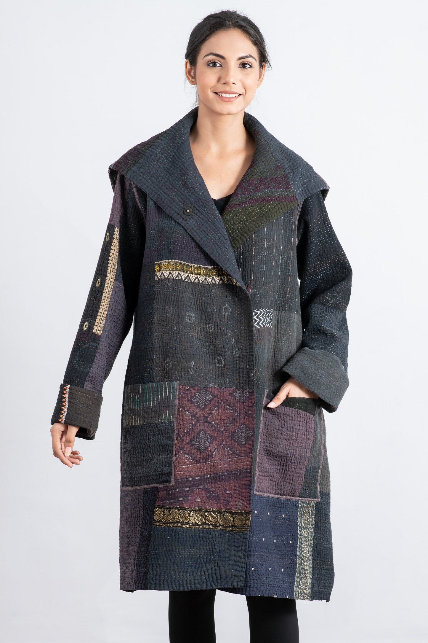 COTTON SILK SW PATCH KANTHA POCKET MEDIUM COAT - ws4316-blk -