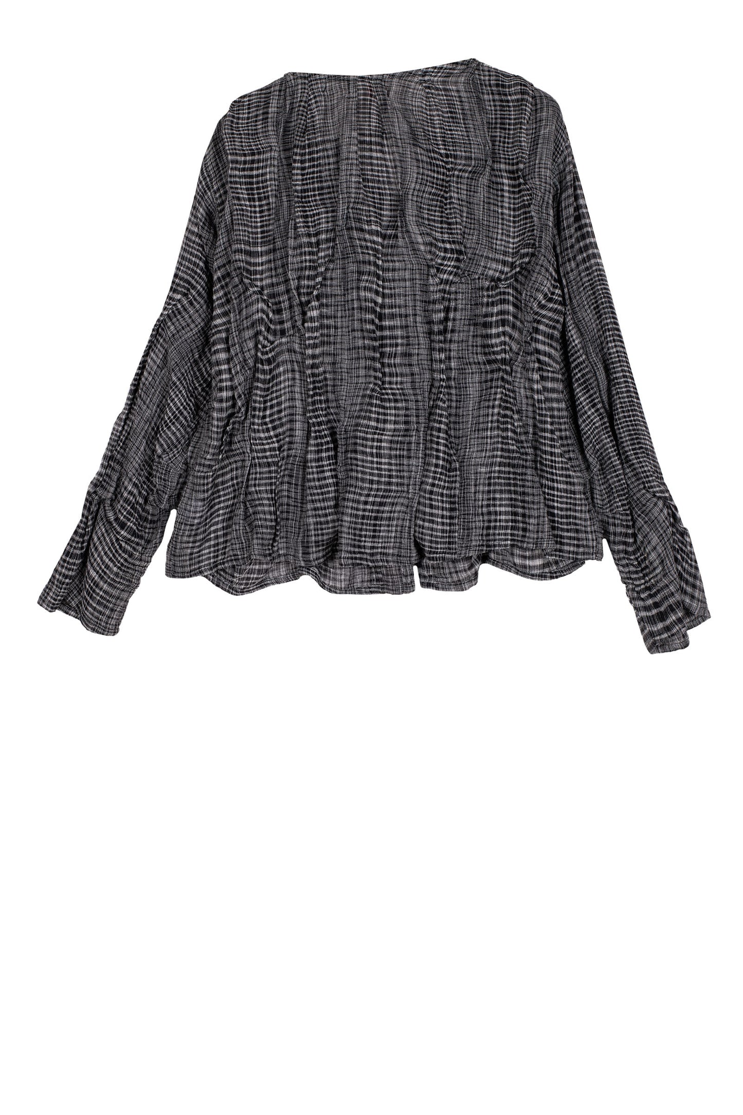 WOVEN TWO TONE COTTON WAVY TUCK V-NECK BLOUSE-NON DYED - wt1575-blk -