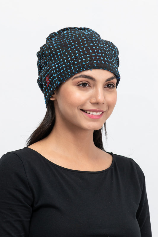 WOOL WAFFLE KANTHA PATCHWORK HAT - ww3880-blu -