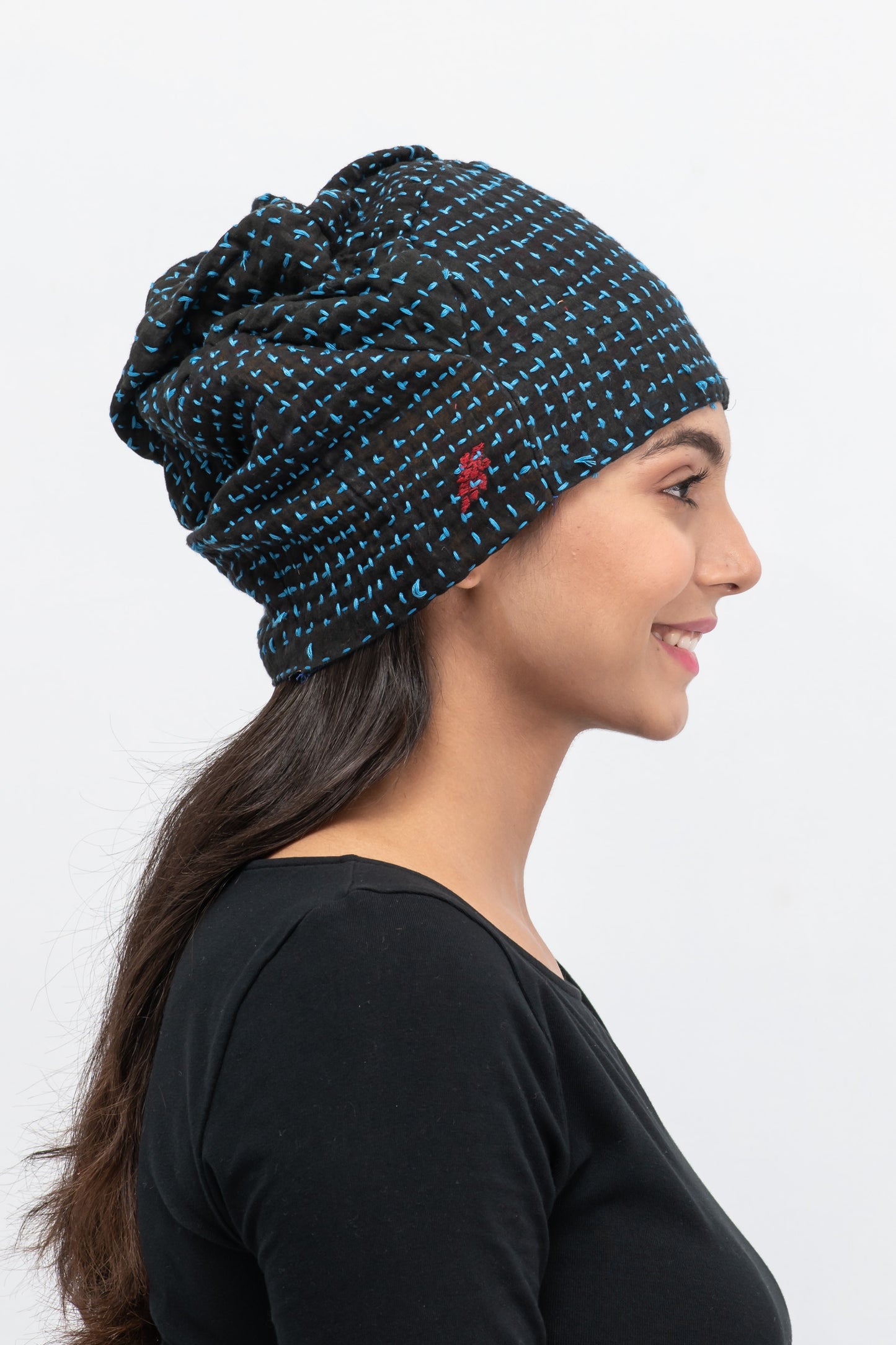 WOOL WAFFLE KANTHA PATCHWORK HAT - ww3880-blu -