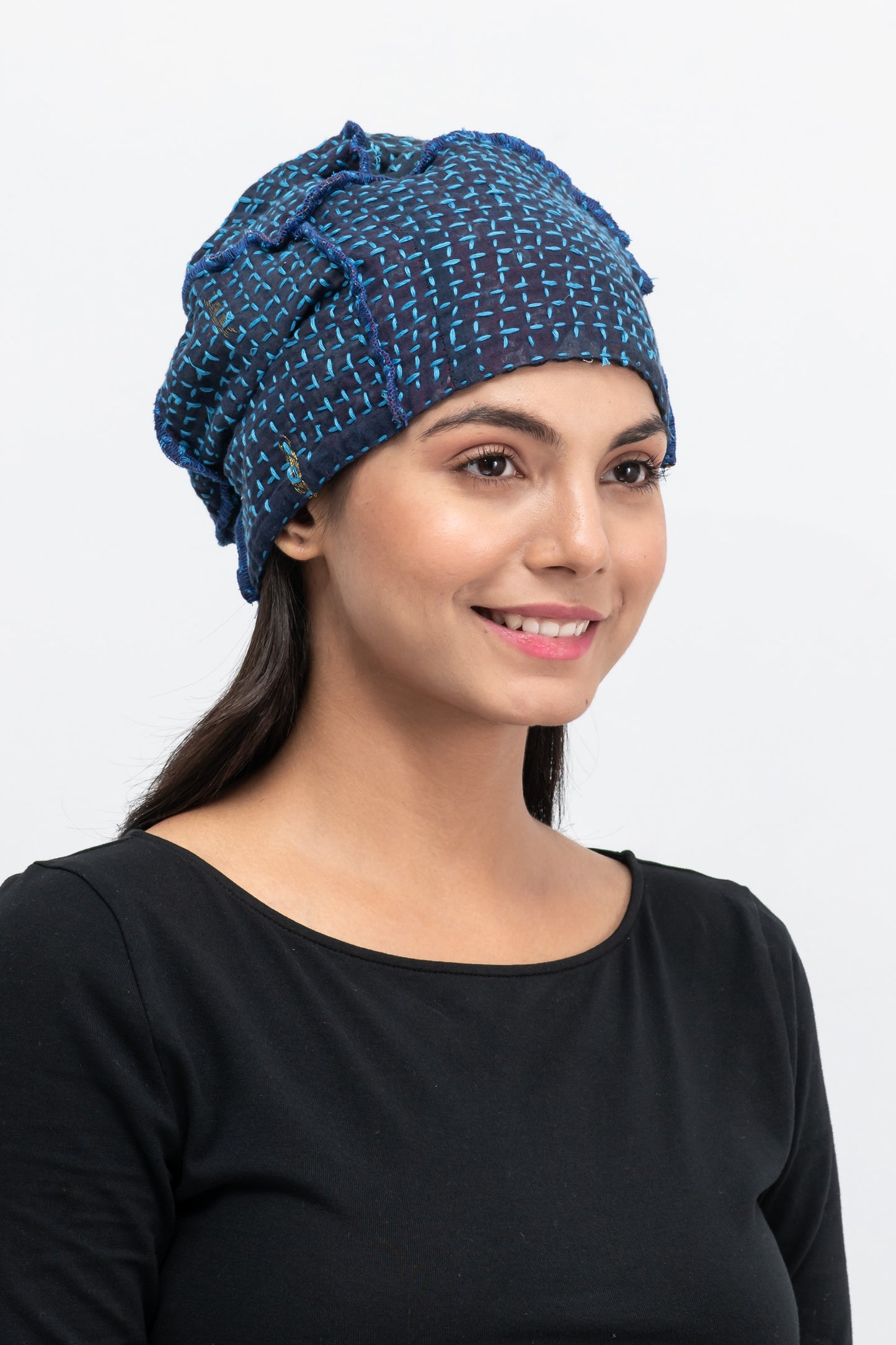 WOOL WAFFLE KANTHA PATCHWORK HAT - ww3880-blu -