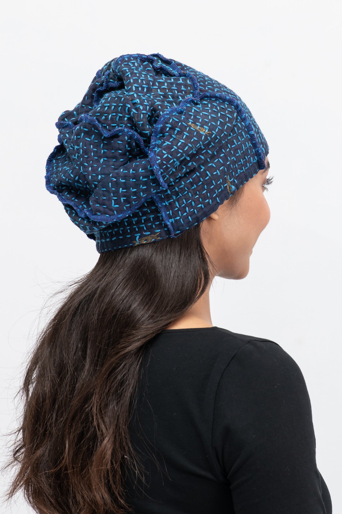 WOOL WAFFLE KANTHA PATCHWORK HAT - ww3880-blu -