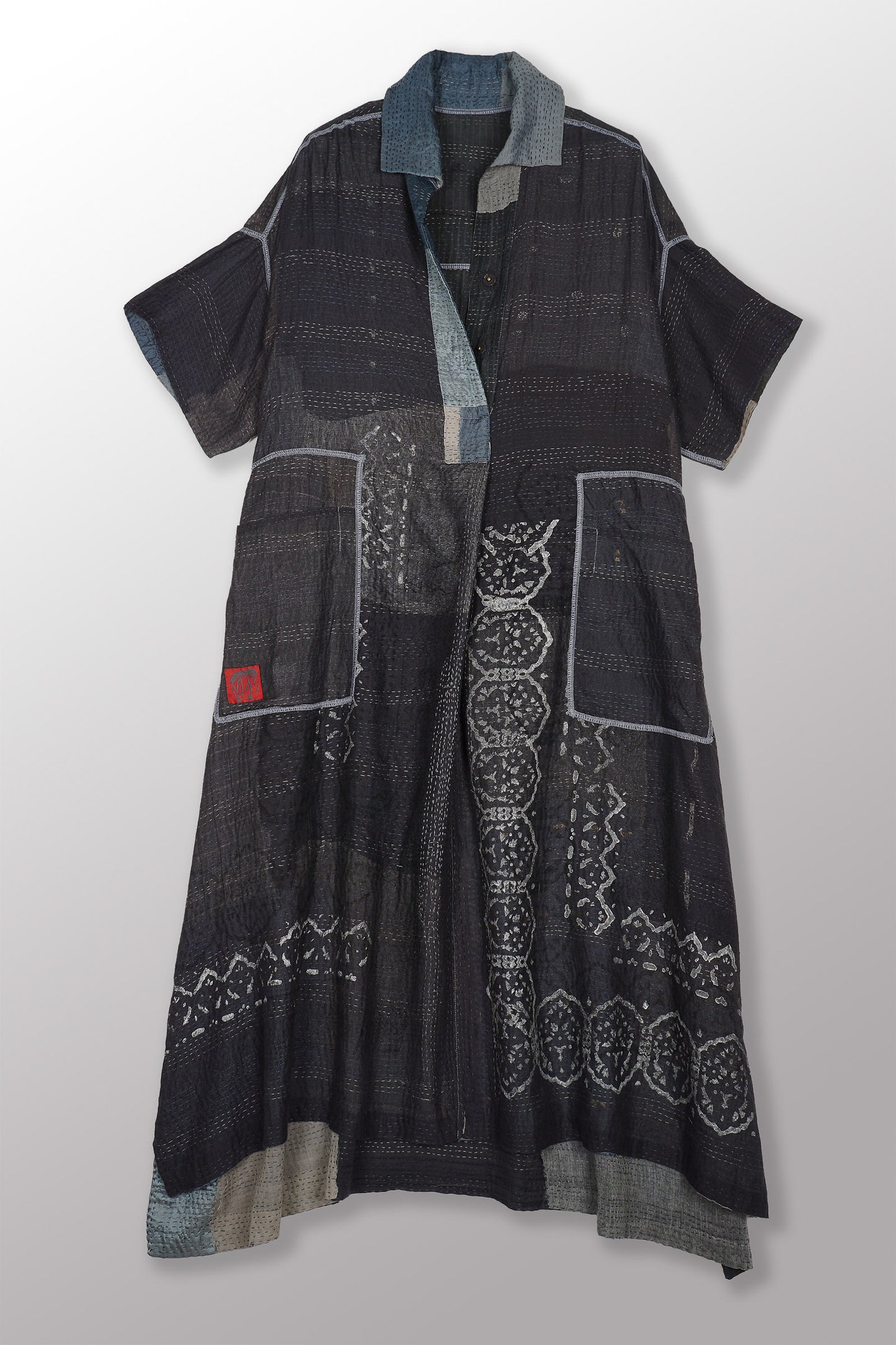 MOSAIC FRAY PATCH KANTHA WING COLLAR DRESS - zb2454-gry -