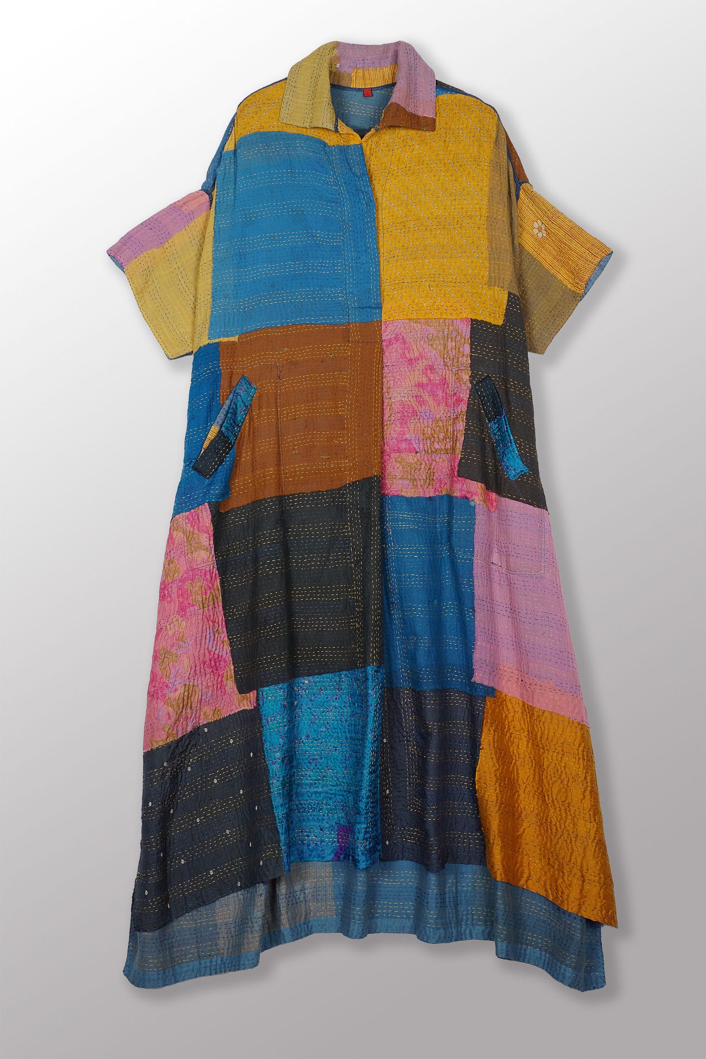 MOSAIC FRAY PATCH KANTHA WITH BLOCK WING COLLAR DRESS - zb2454-mlt -