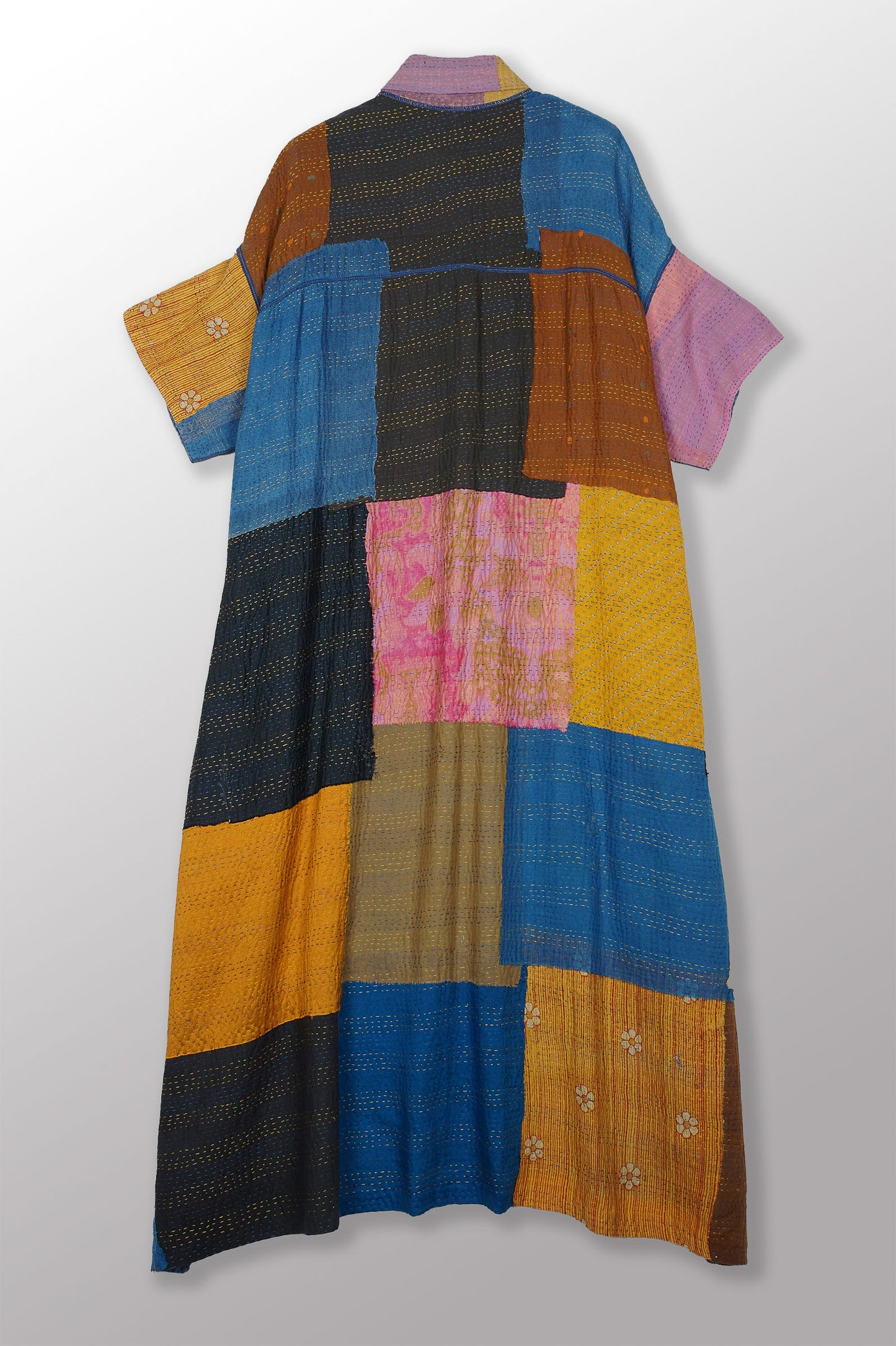 MOSAIC FRAY PATCH KANTHA WITH BLOCK WING COLLAR DRESS - zb2454-mlt -