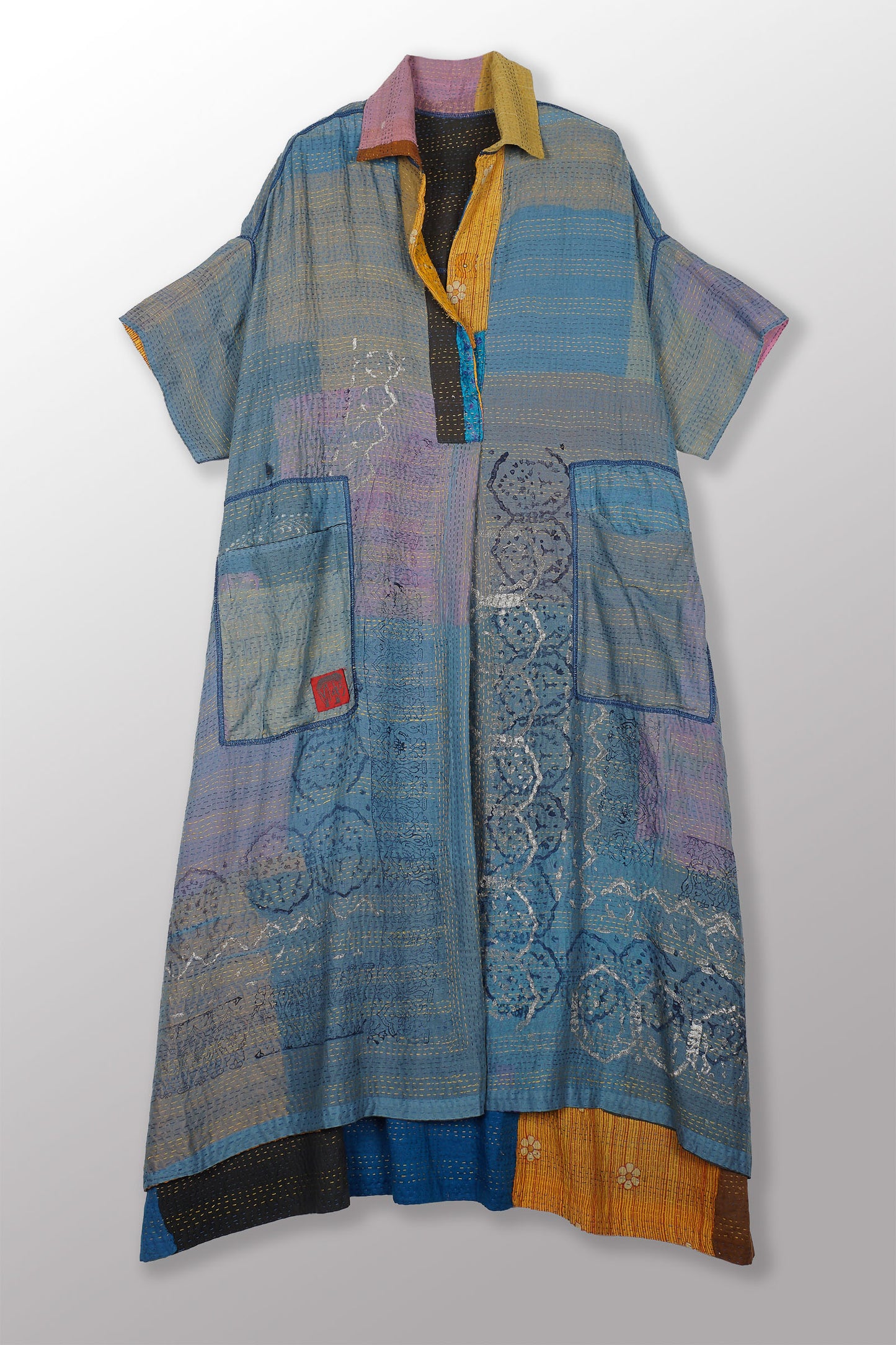 MOSAIC FRAY PATCH KANTHA WITH BLOCK WING COLLAR DRESS - zb2454-mlt -