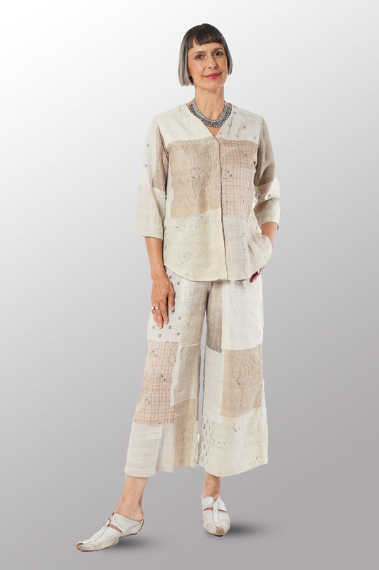 MOSAIC FRAY PATCH KANTHA KURTA TOP - zb2586-ivy -