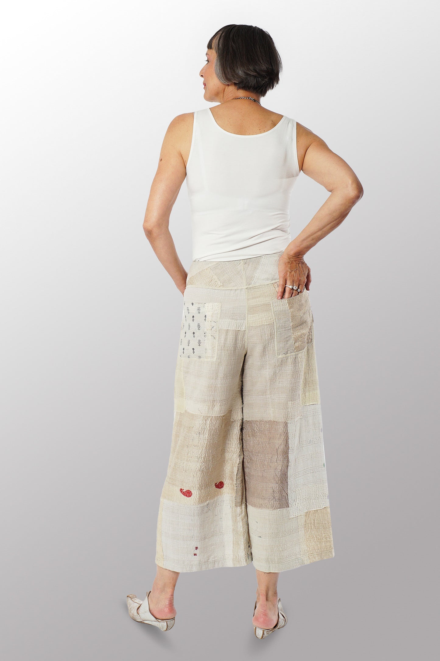 MOSAIC FRAY PATCH KANTHA MID RISE WIDE LEG PANTS - zb2665-ivy -