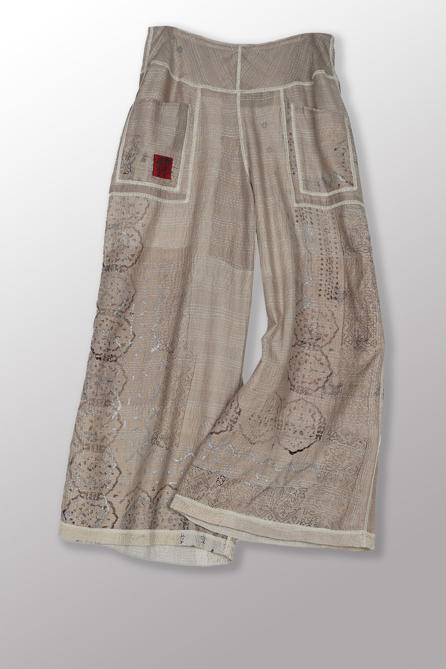 MOSAIC FRAY PATCH KANTHA MID RISE WIDE LEG PANTS - zb2665-ivy -