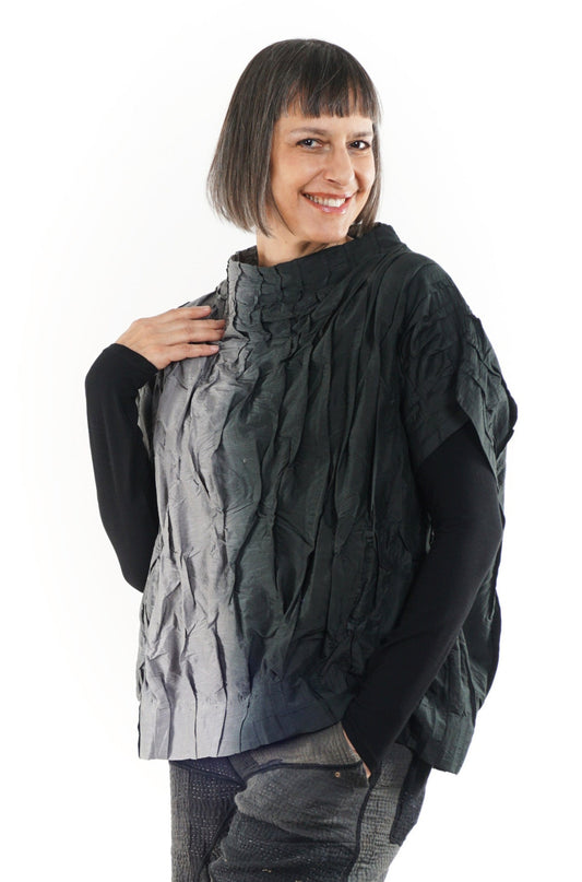 DYED COTTON SILK HEAVY VOILE WAVY TUCK PULLOVER VEST