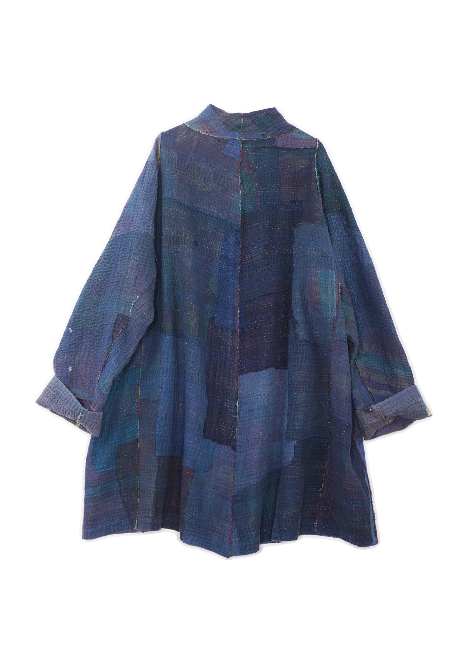 FRAYED PATCH KANTHA FUNNEL COLLAR COAT