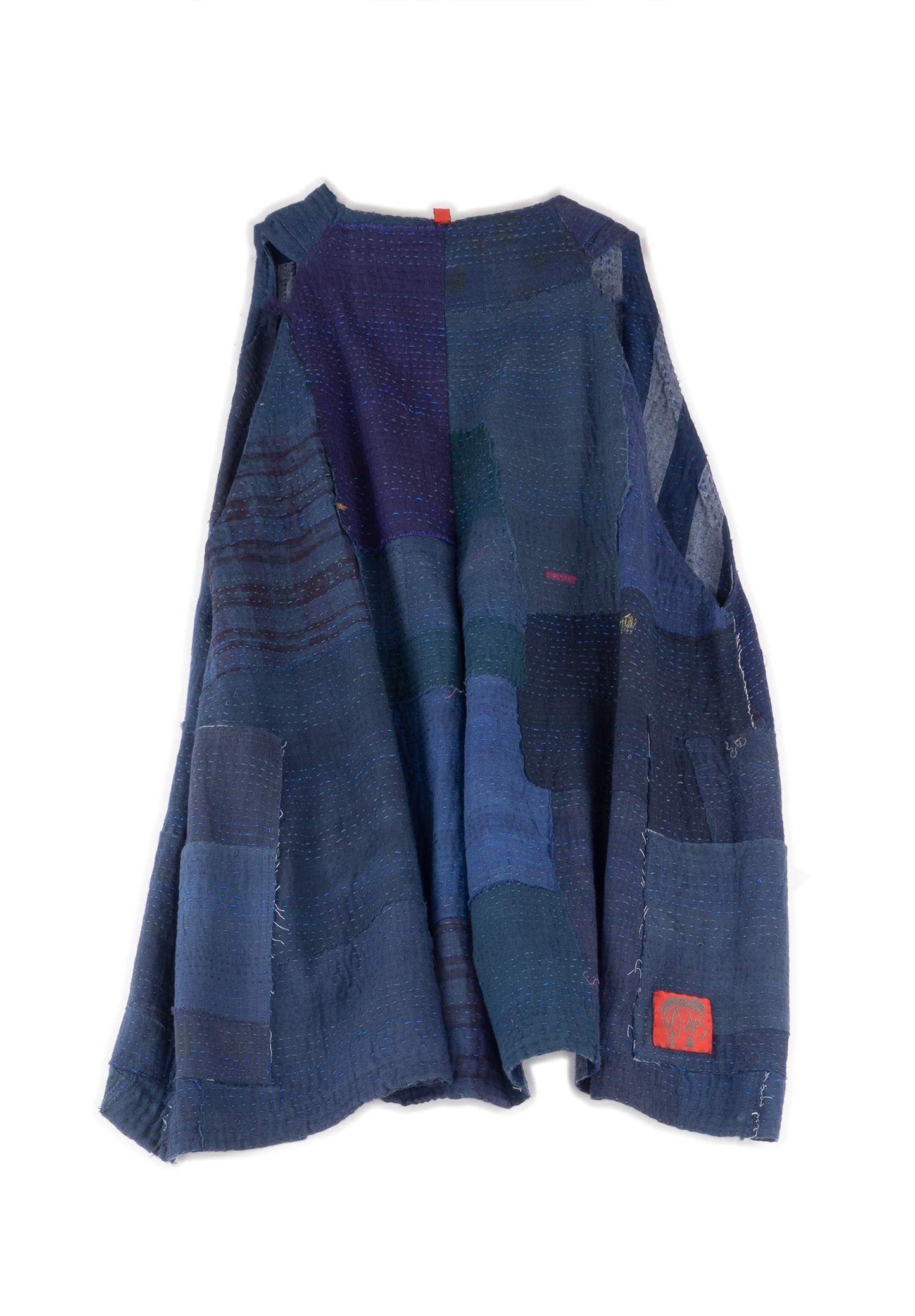 WOVEN STRIPE FRAYED PATCH BACK KANTHA BACK PLEATED VEST SHORT