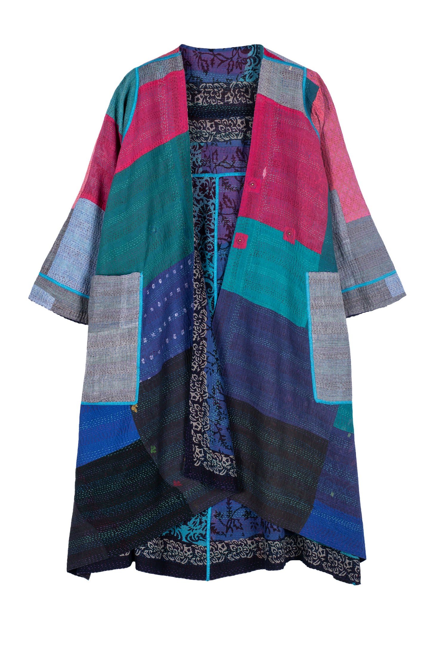 BAGH PRINT KANTHA WRAP FLARE COAT