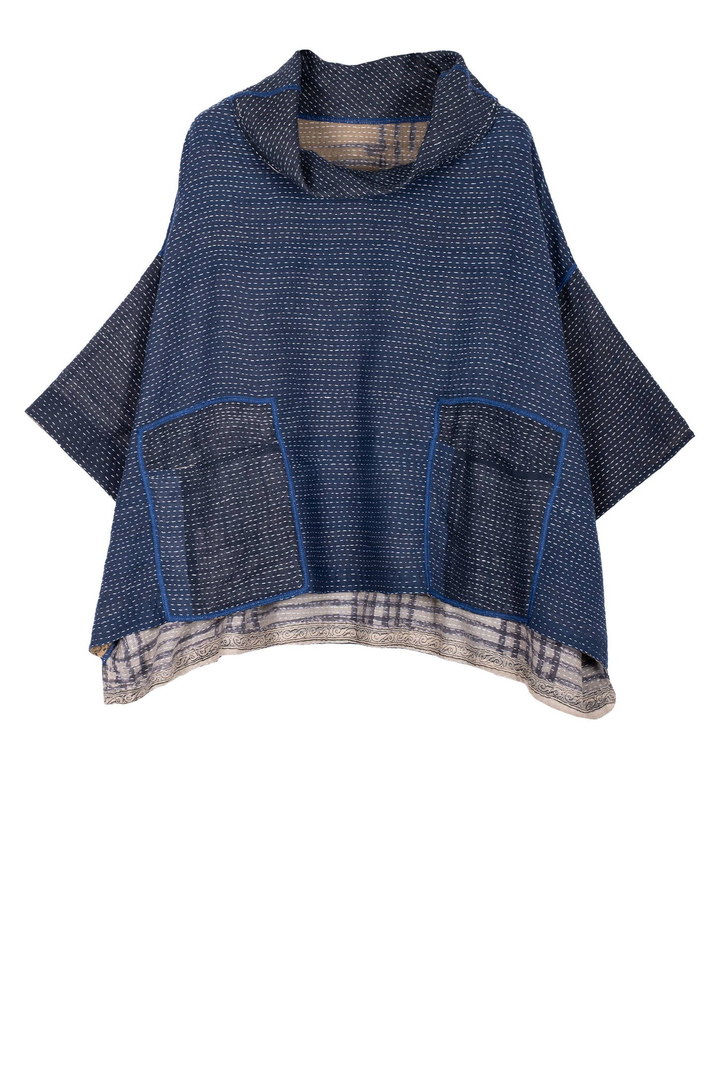 INDONESIAN PRINT VINTAGE INDIGO BACKING KANTHA COWL NECK PONCHO