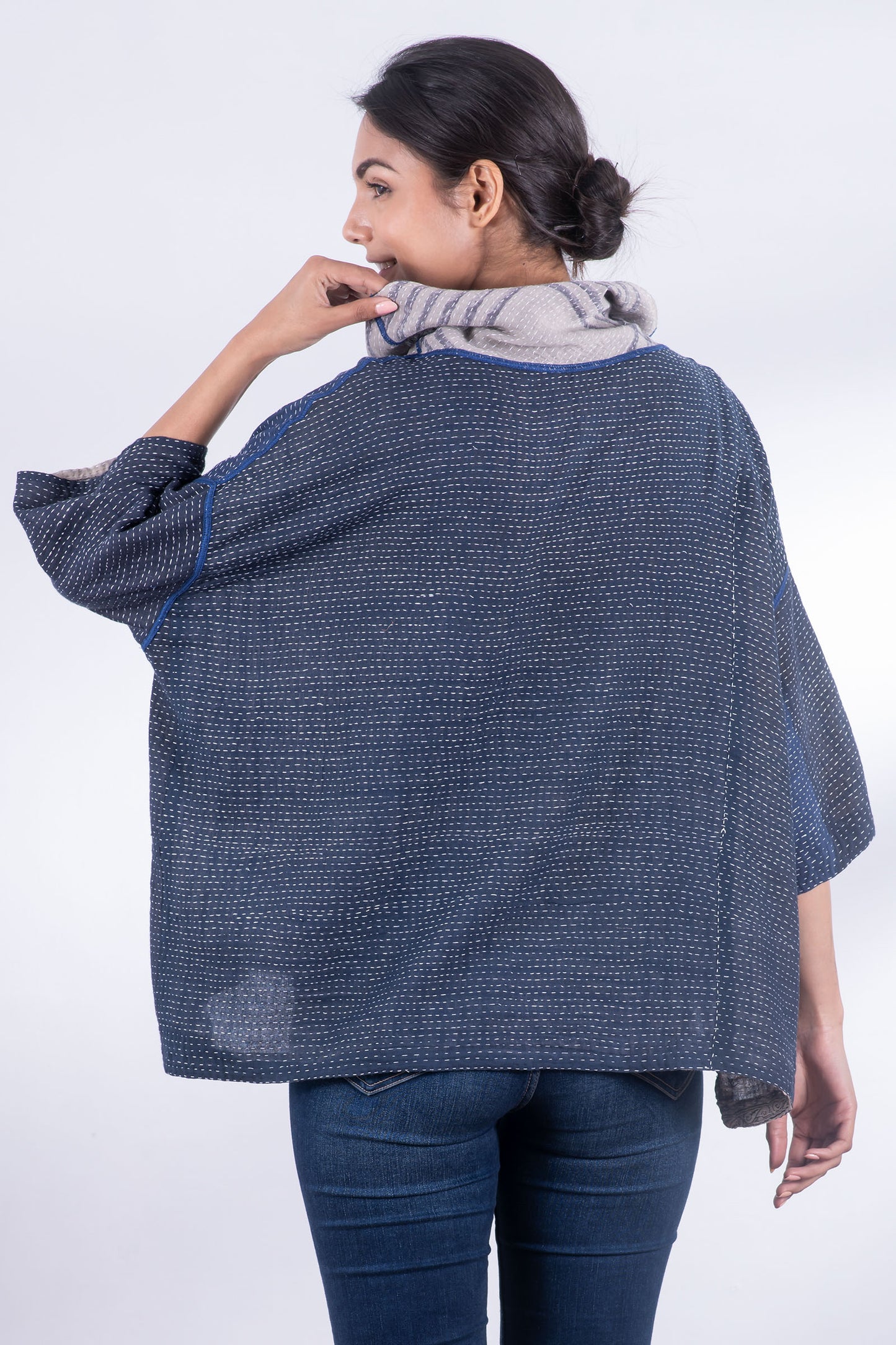 INDONESIAN PRINT VINTAGE INDIGO BACKING KANTHA COWL NECK PONCHO