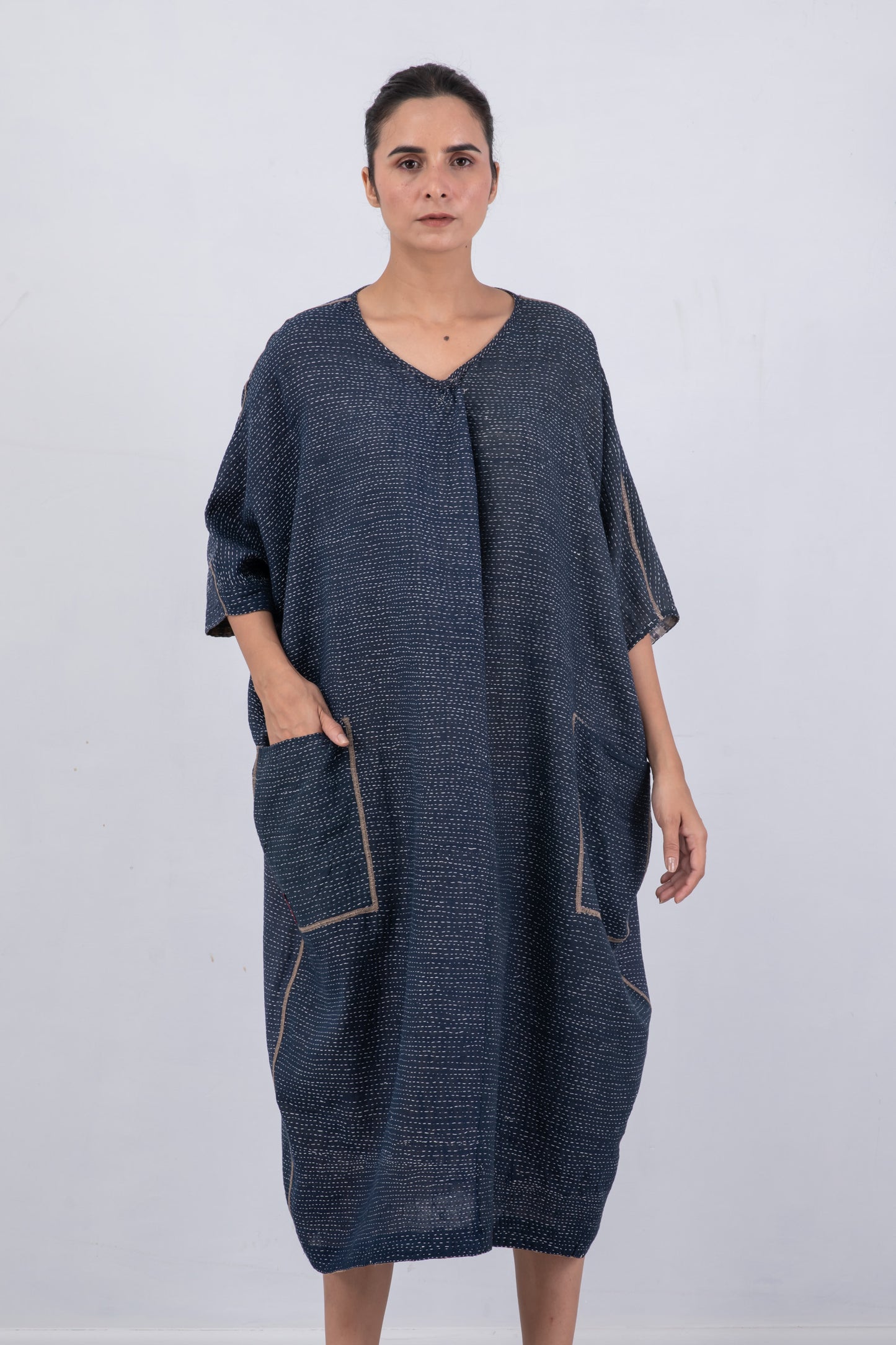 INDONESIAN PRINT VINTAGE INDIGO BACKING KANTHA DOLMAN MAXI