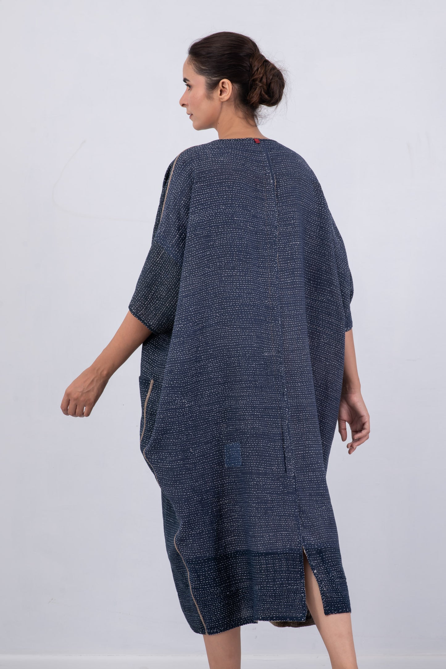 INDONESIAN PRINT VINTAGE INDIGO BACKING KANTHA DOLMAN MAXI