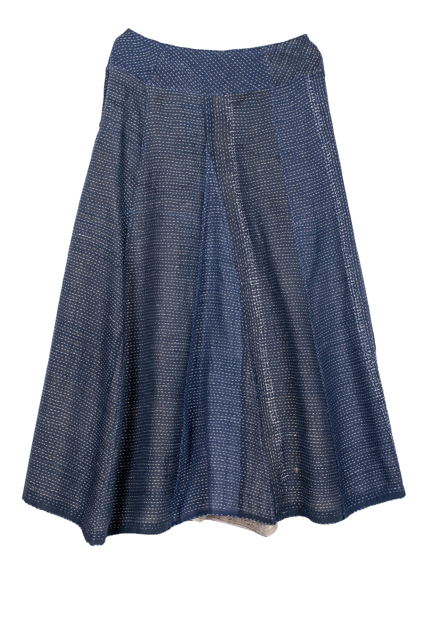 INDONESIAN PRINT VINTAGE INDIGO BACKING KANTHA PANELED FLARE SKIRT