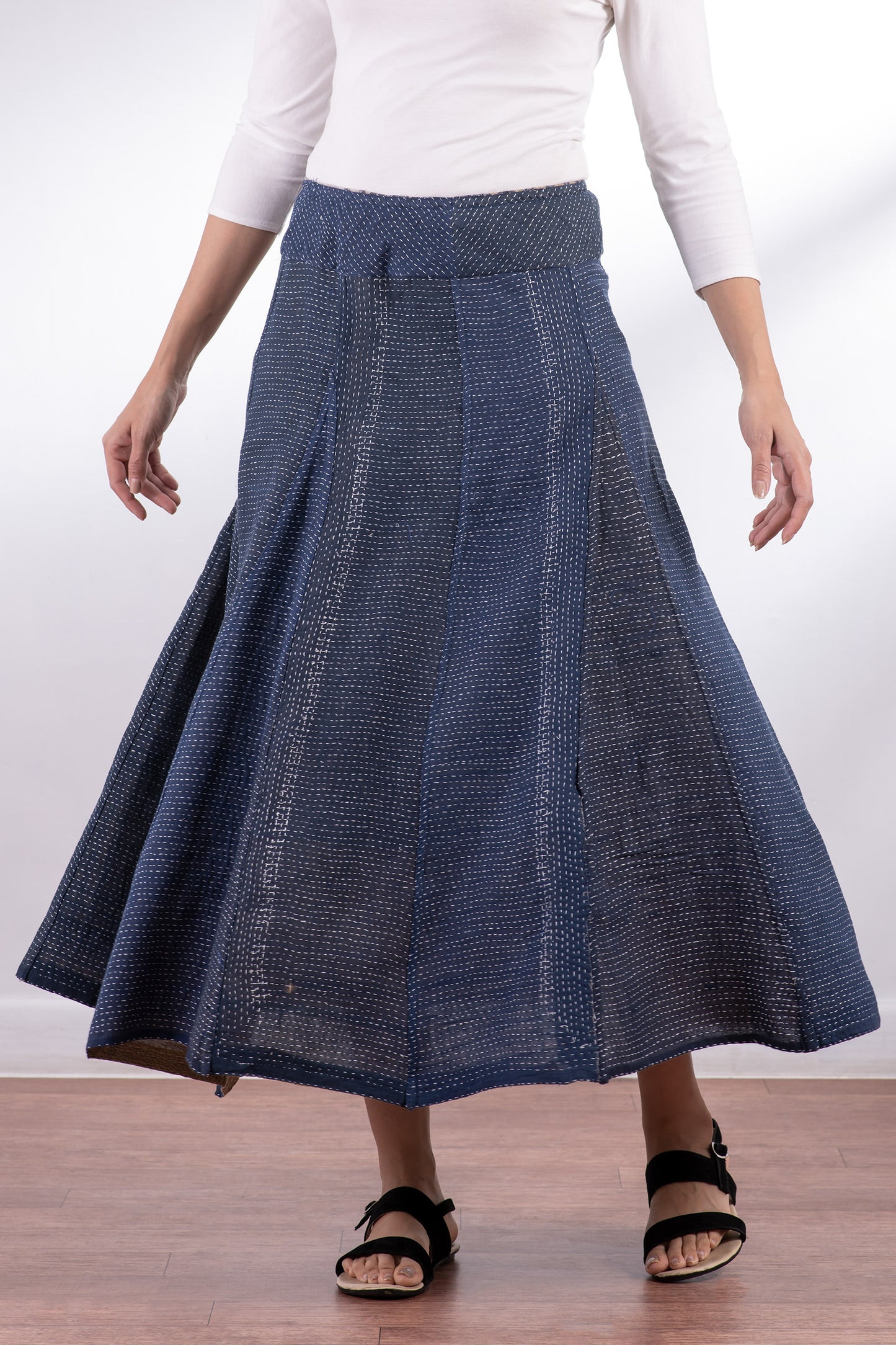 INDONESIAN PRINT VINTAGE INDIGO BACKING KANTHA PANELED FLARE SKIRT