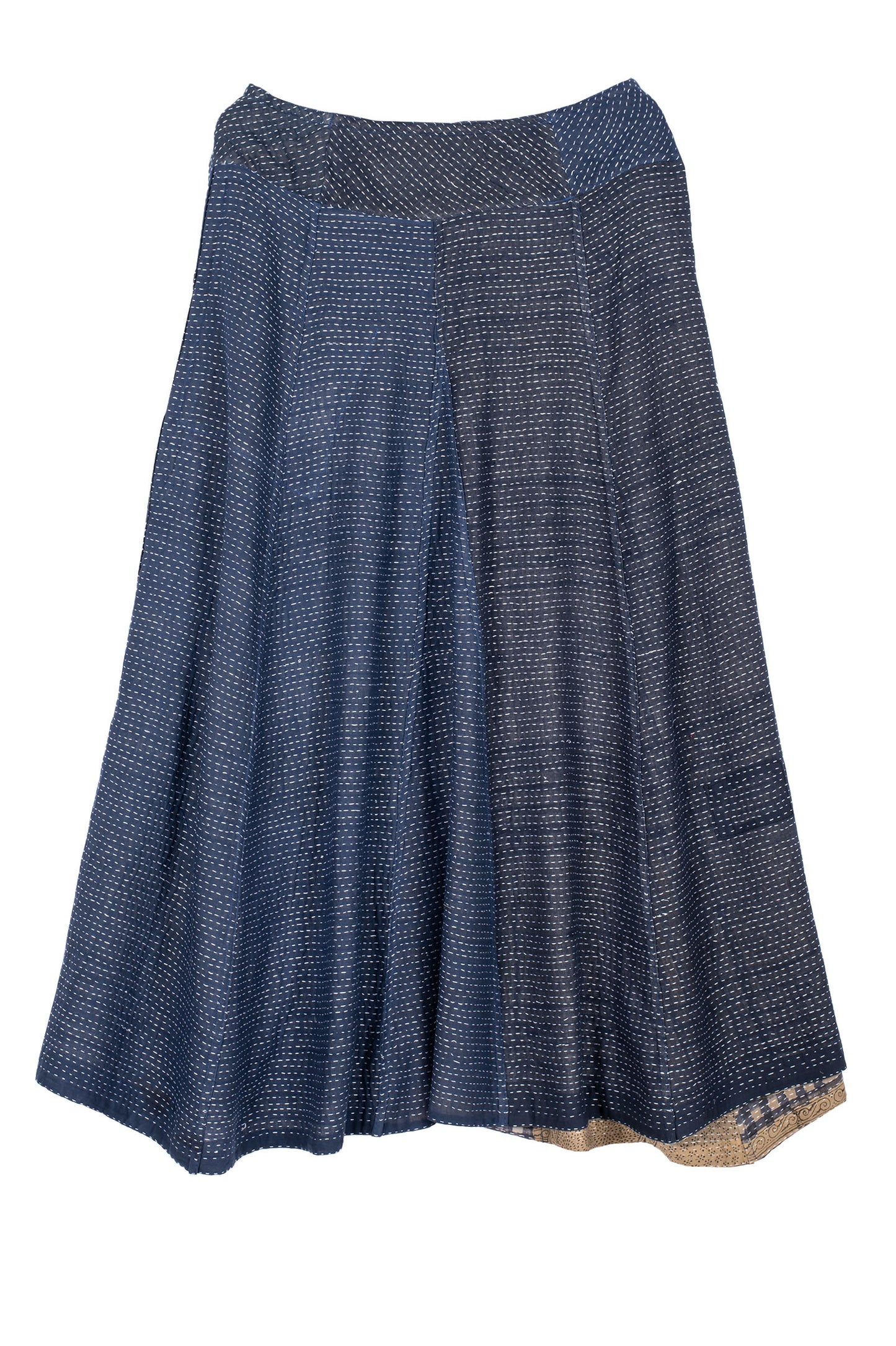 INDONESIAN PRINT VINTAGE INDIGO BACKING KANTHA PANELED FLARE SKIRT