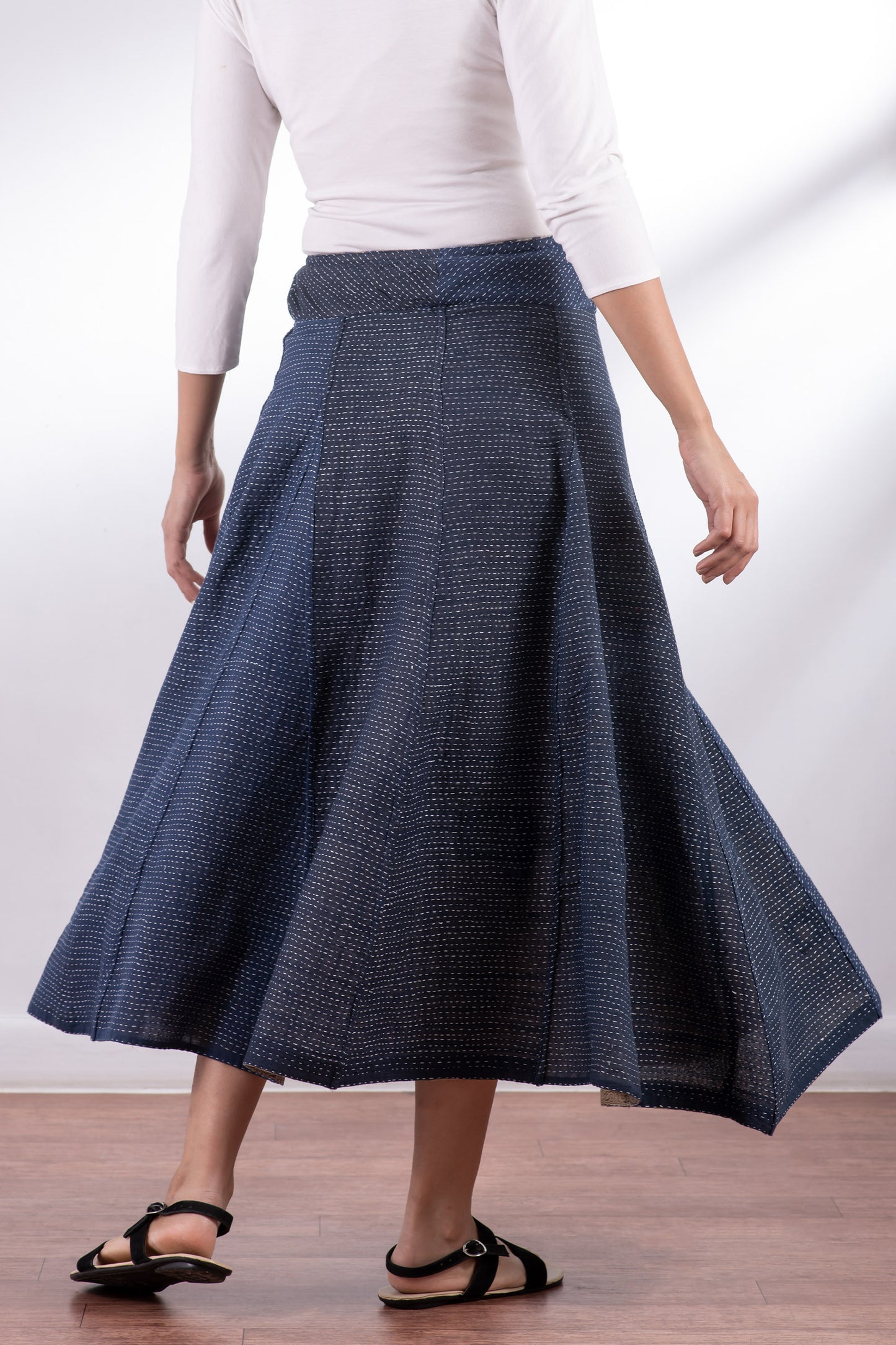 INDONESIAN PRINT VINTAGE INDIGO BACKING KANTHA PANELED FLARE SKIRT