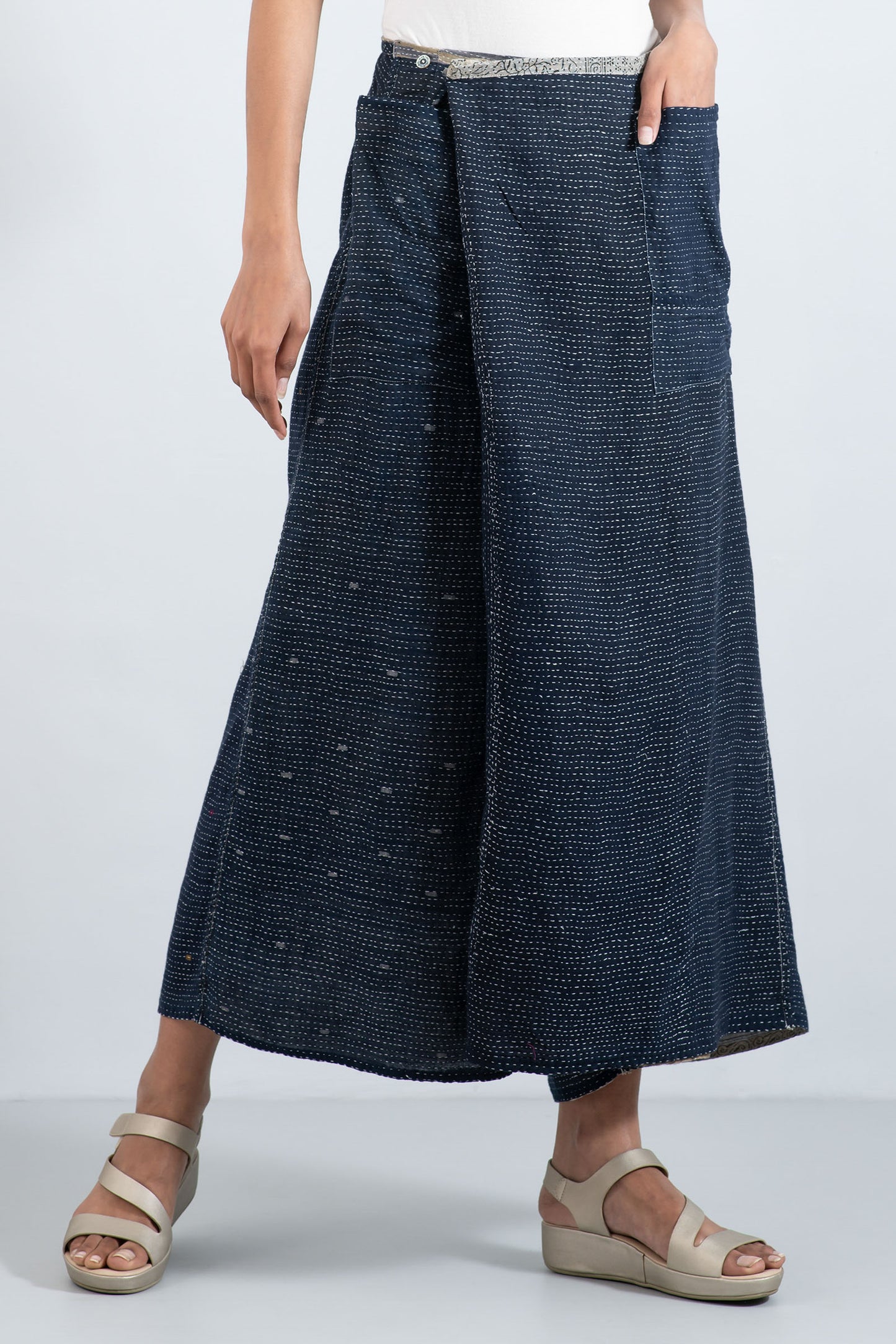 INDONESIAN PRINT VINTAGE INDIGO BACKING KANTHA FRONT WRAP PANTS