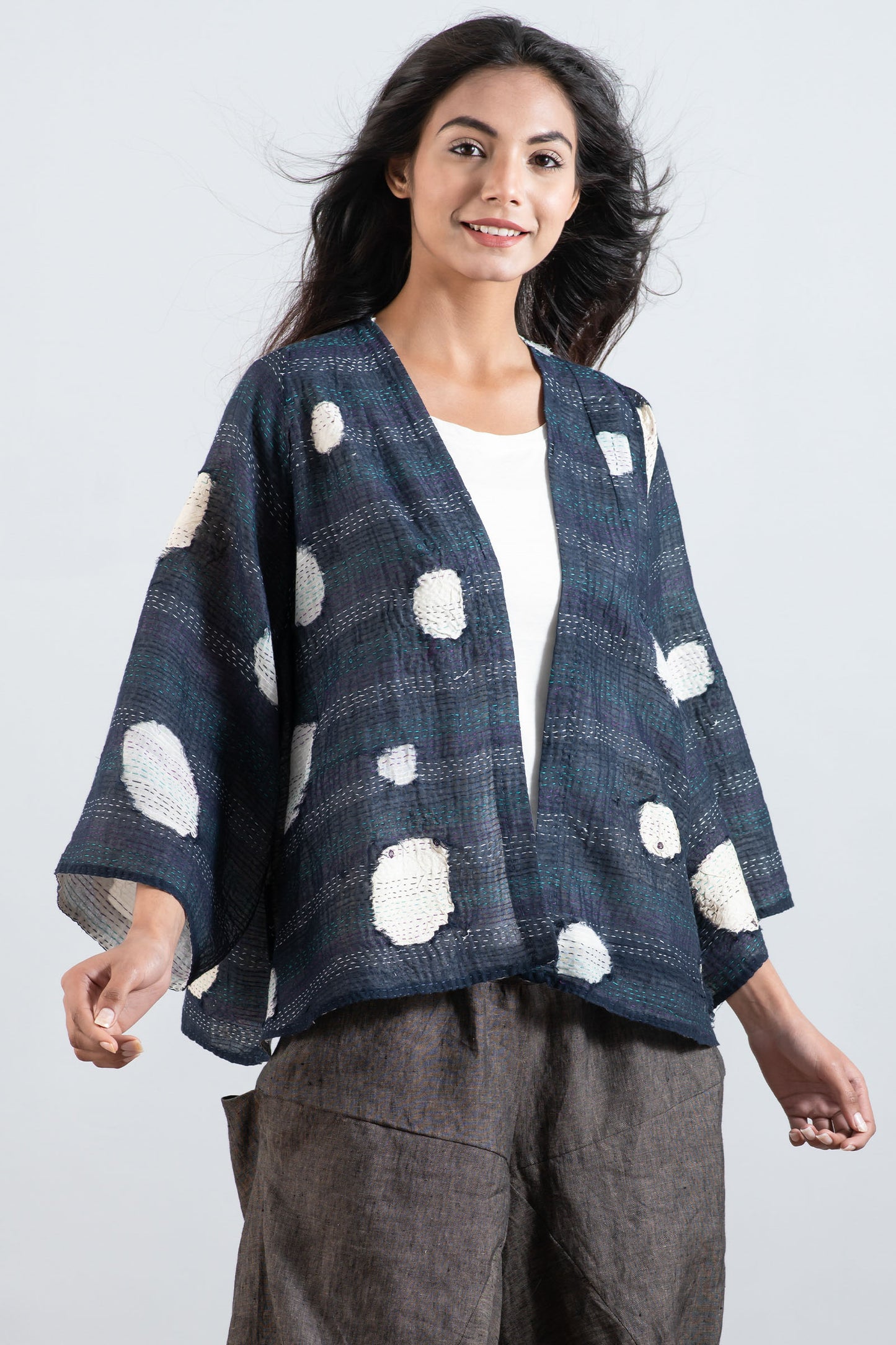 CUT THROUGH DOT AND HOLES KANTHA BELL SHAPE JKT