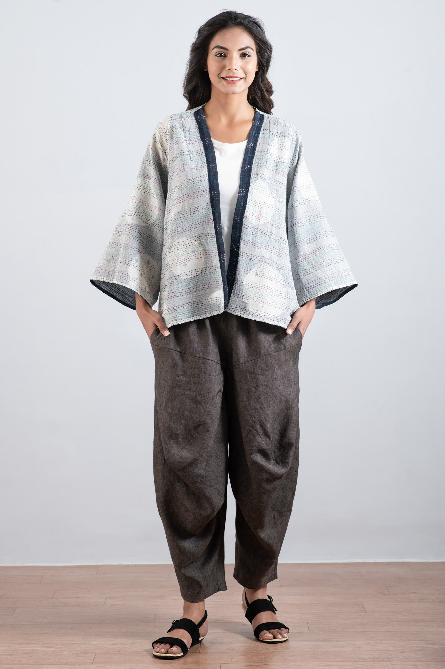 CUT THROUGH DOT AND HOLES KANTHA BELL SHAPE JKT