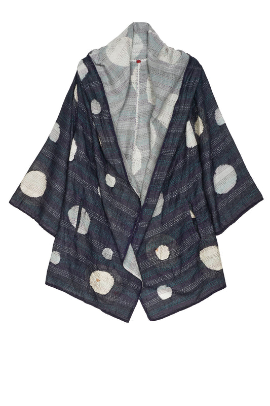 CUT THROUGH DOT AND HOLES KANTHA HOODED A-LINE JKT