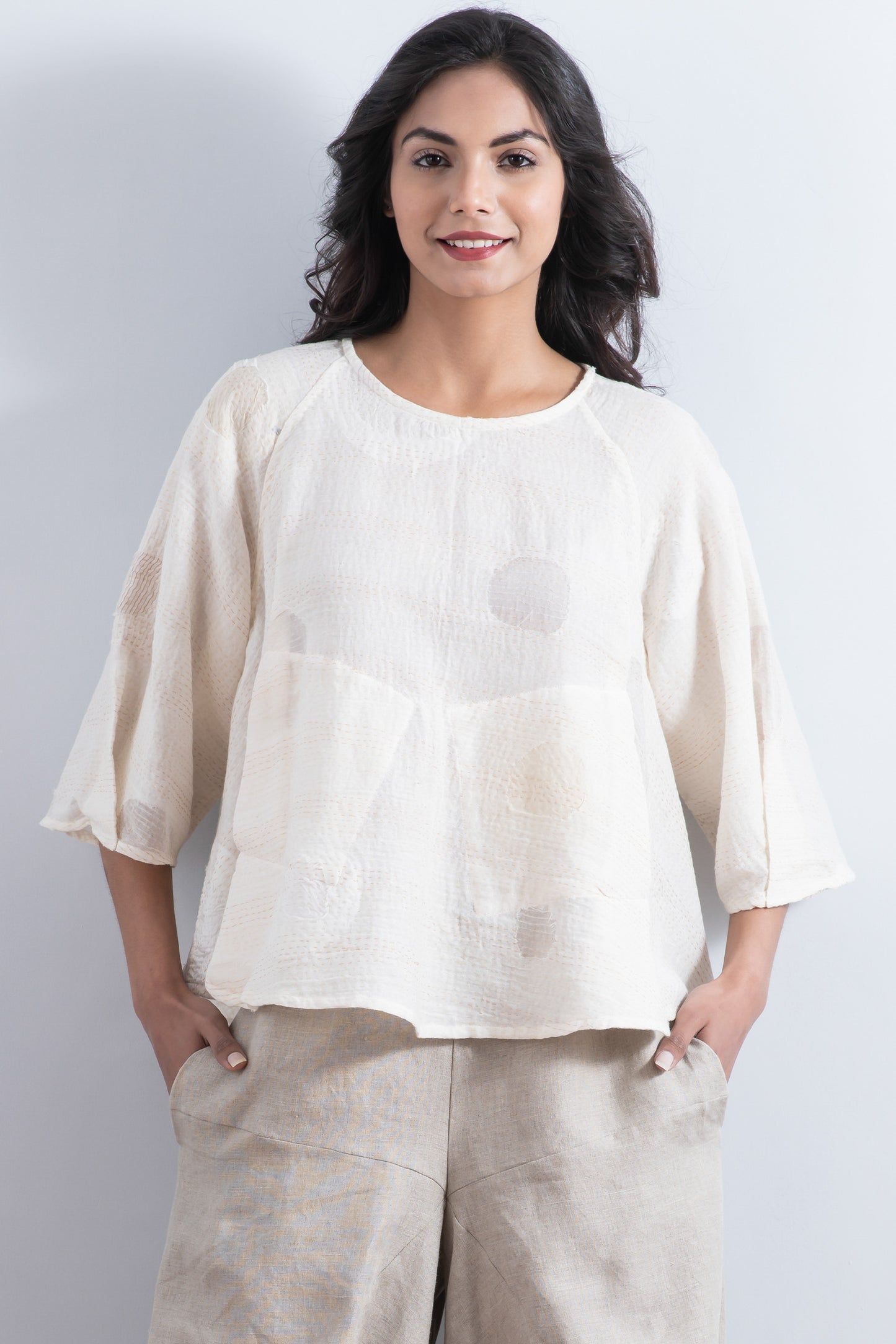 CUT THROUGH DOT AND HOLES KANTHA PUFF SLV. FLARE SHORT TOP